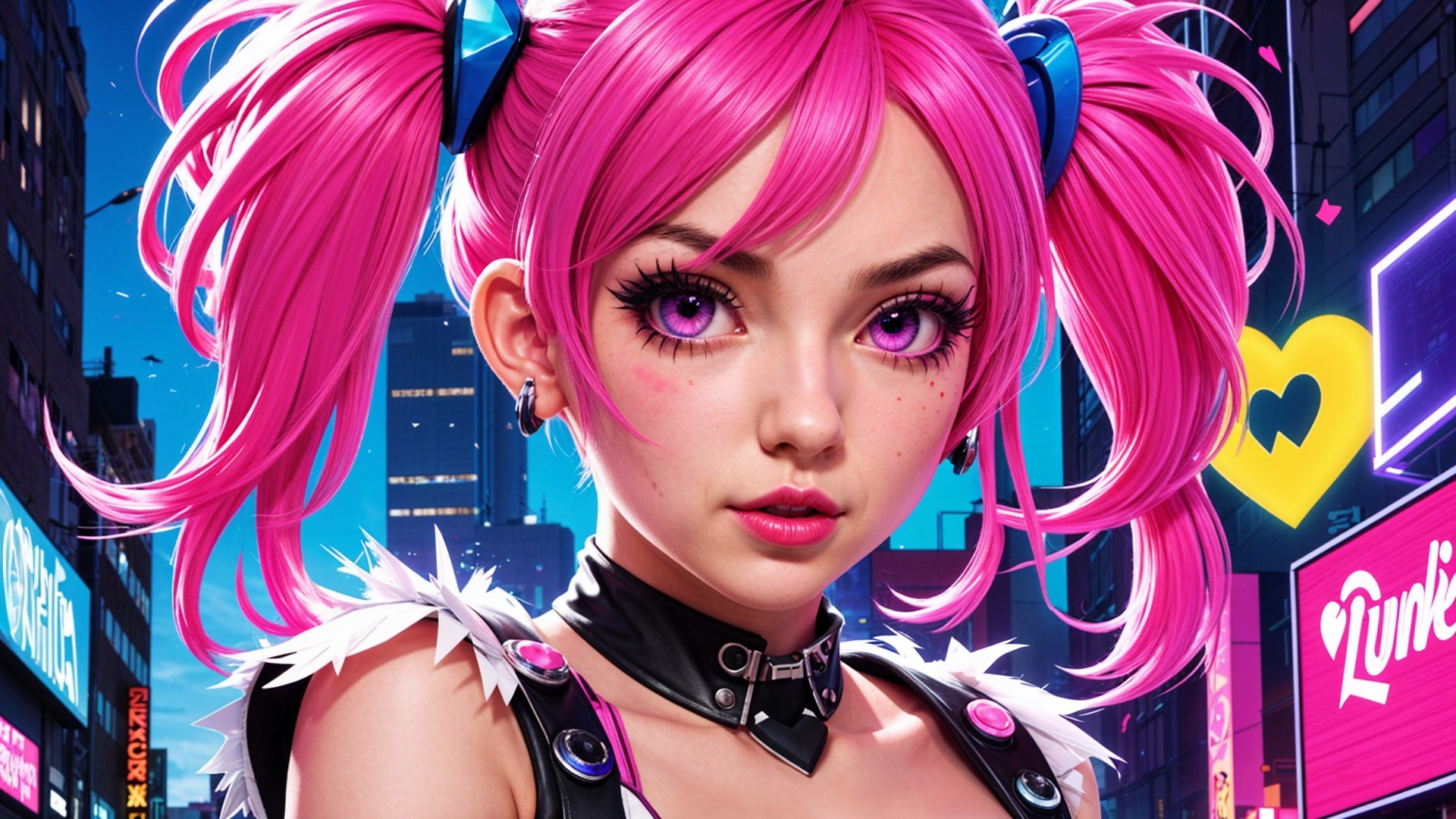 Vibrant Character with Pink Hair in Futuristic City