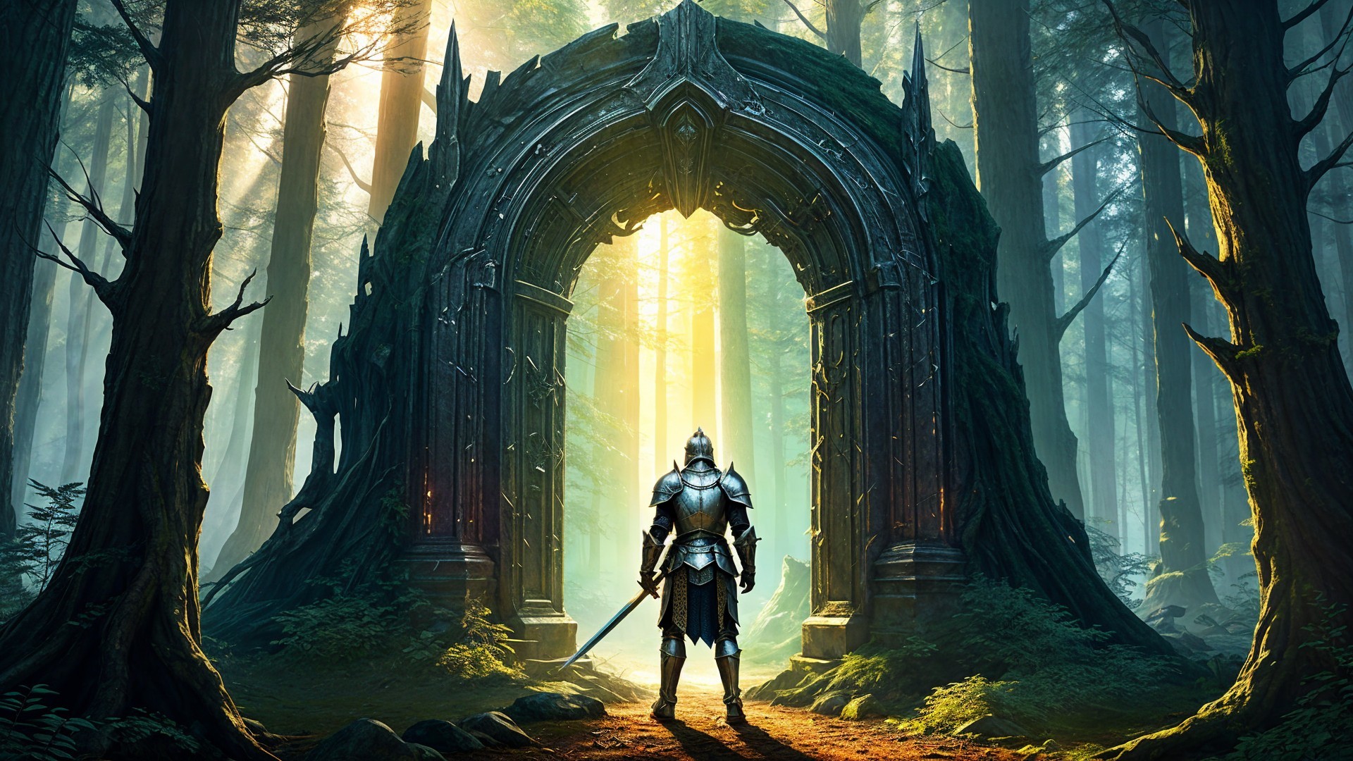 Stone Archway in Mystical Forest with Armored Knight