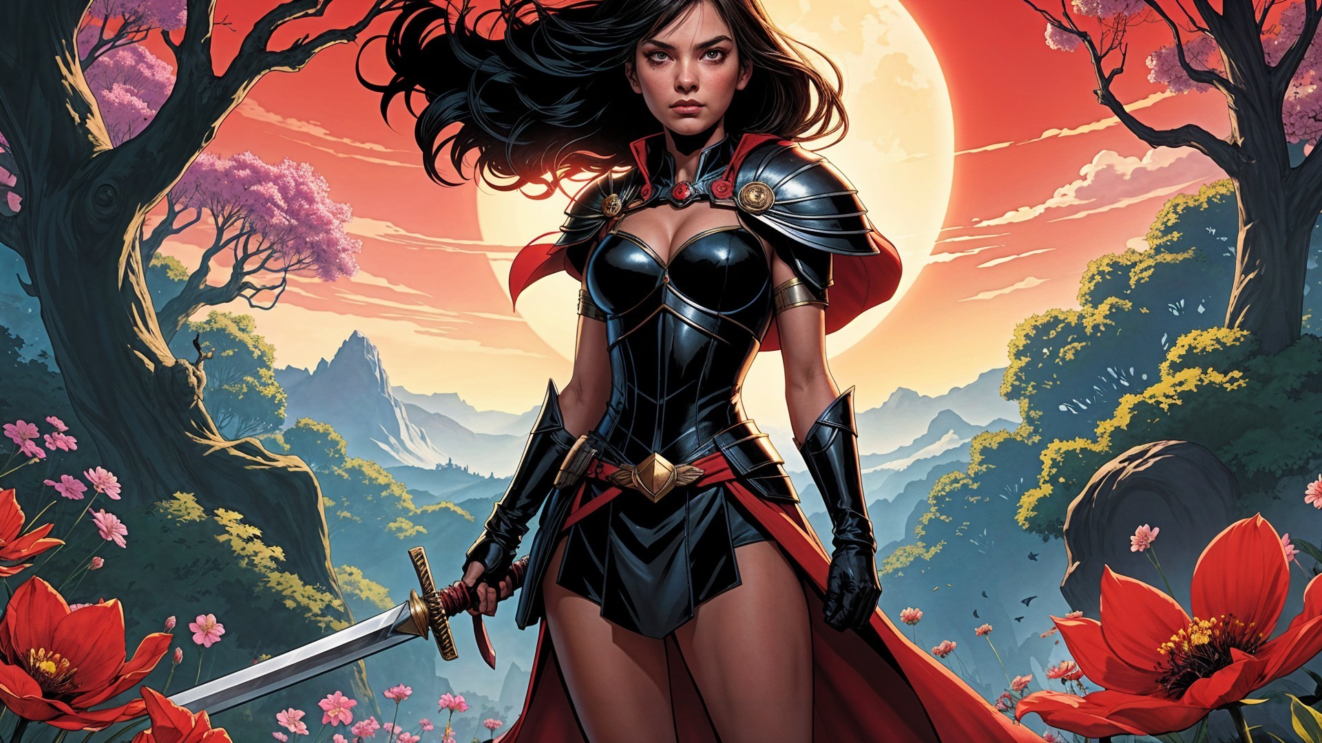 Warrior in Armor Amidst Vibrant Landscape and Moon