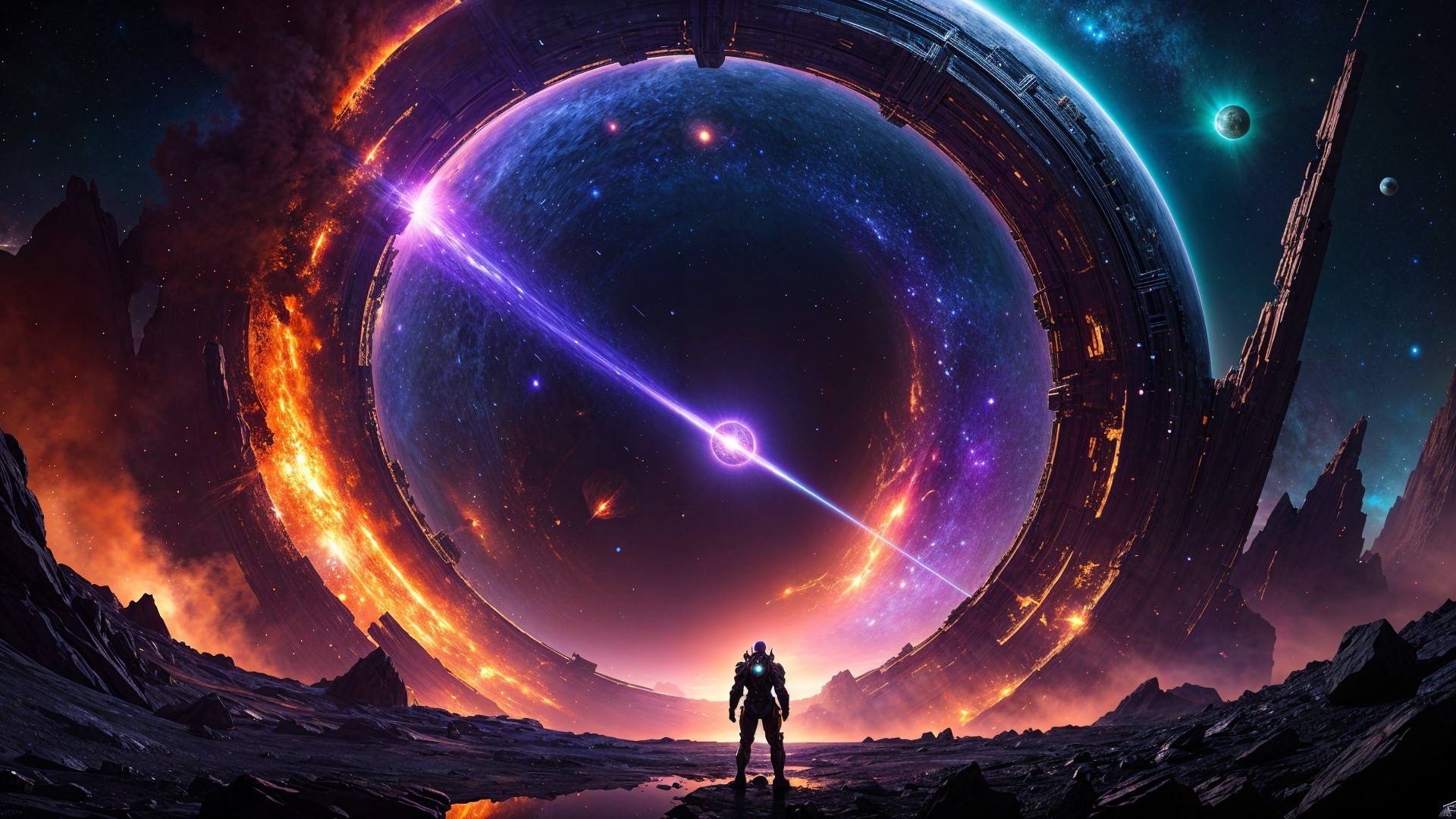 Astronaut before a glowing cosmic portal in space