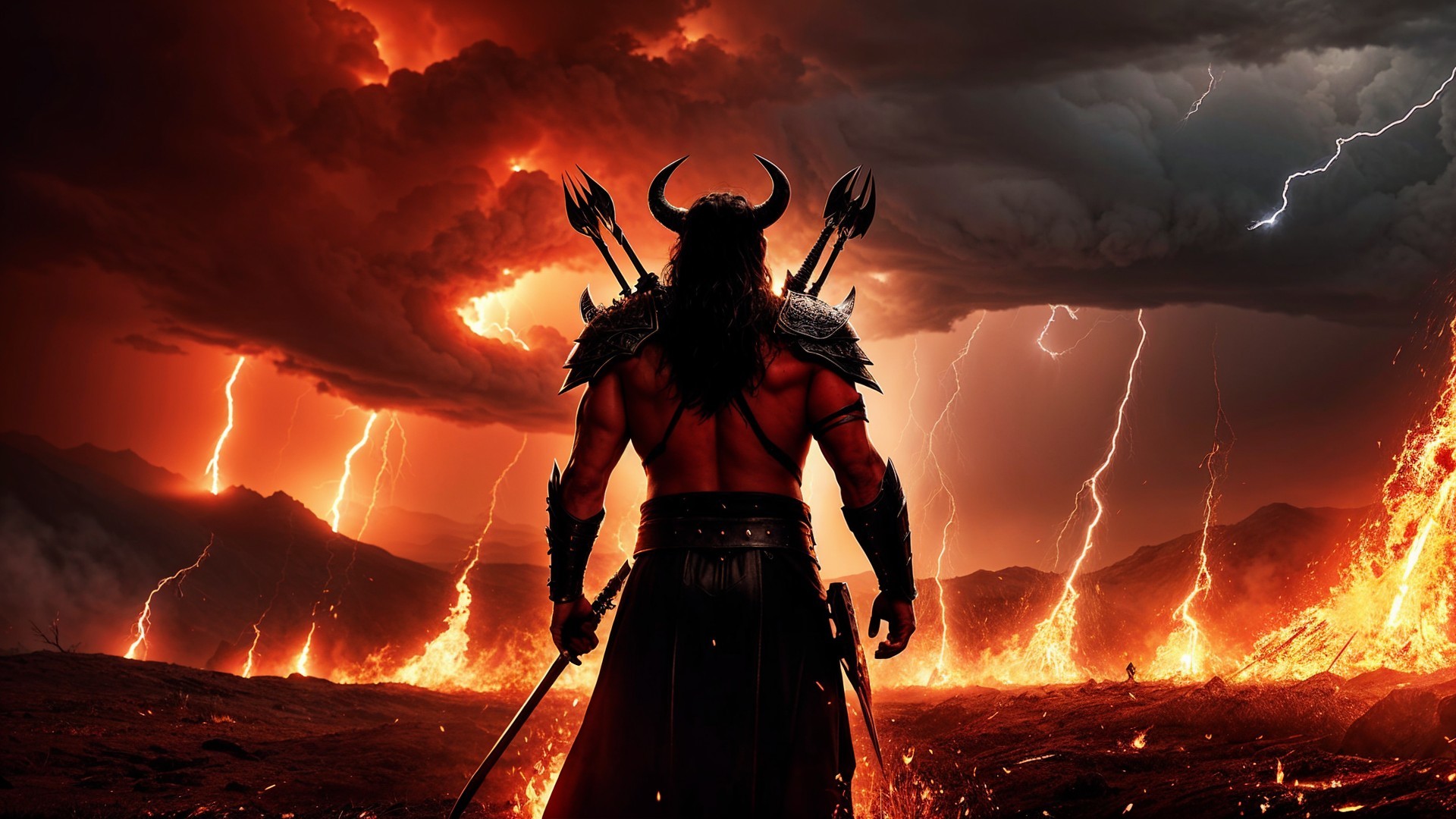 Commanding Figure in Apocalyptic Landscape with Stormy Sky