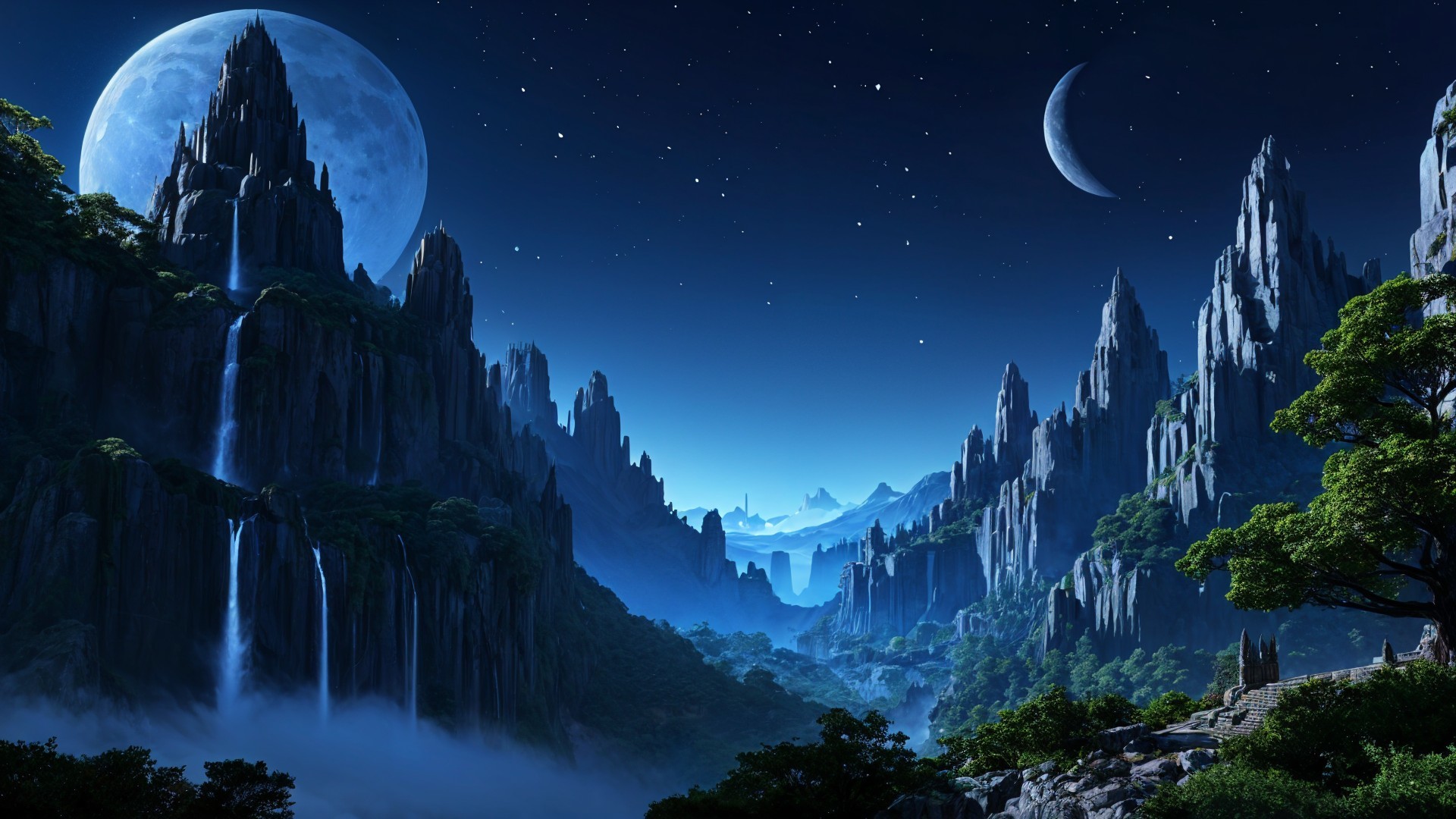 Serene Fantasy Landscape Under Starry Night Sky
