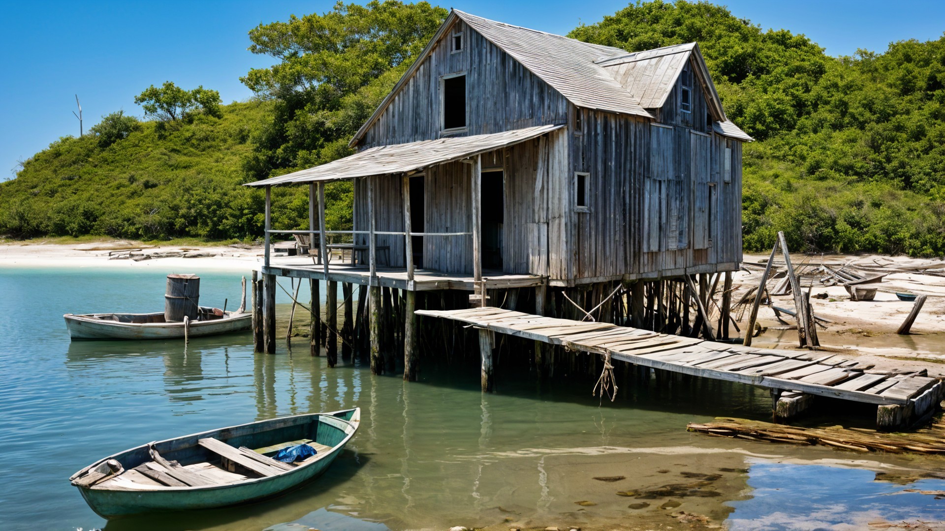 Weathered Wooden House on Stilts by Calm Waters