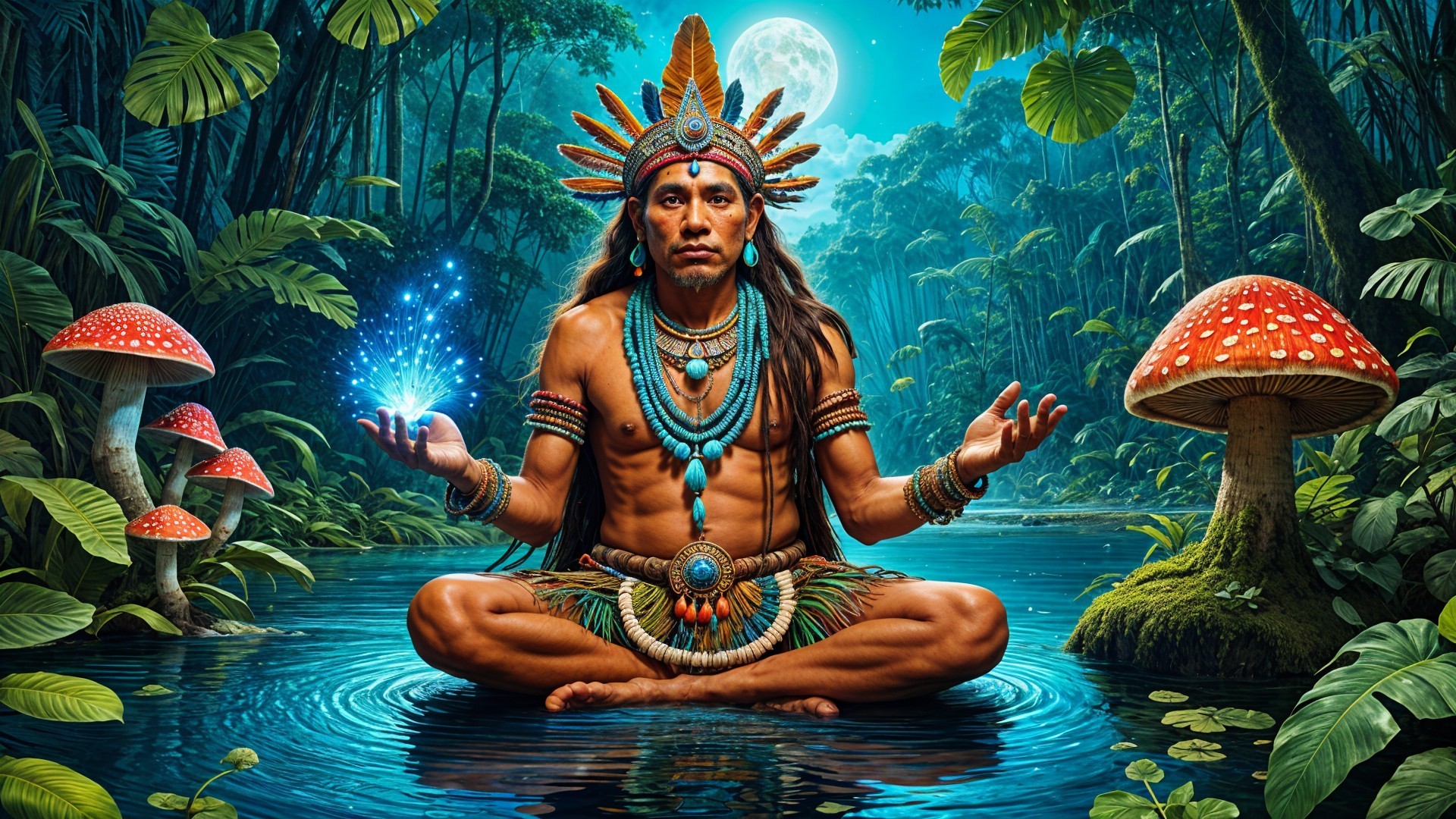Serene figure on calm waters with glowing blue orbs