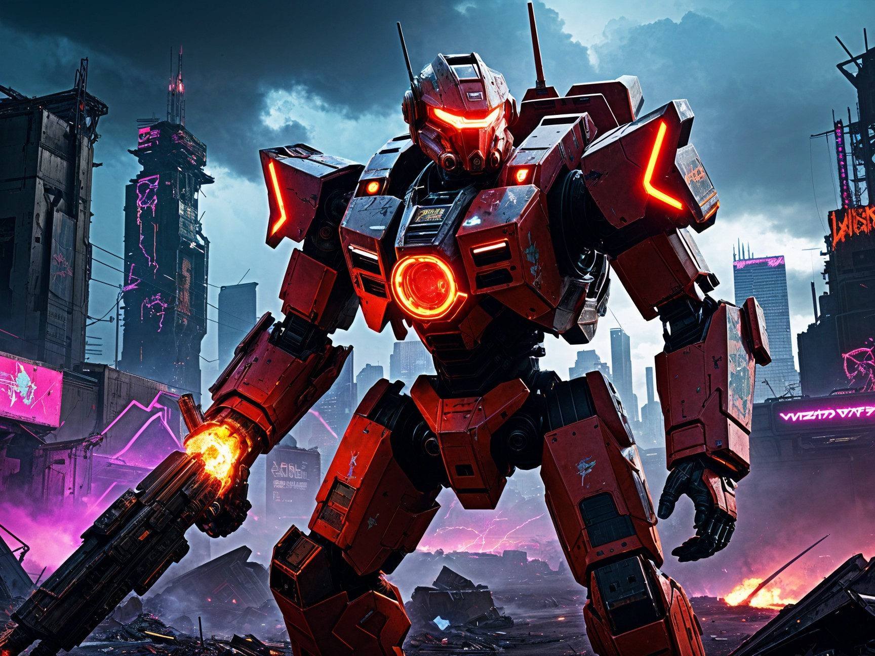 Futuristic Robot in Post-Apocalyptic Cityscape