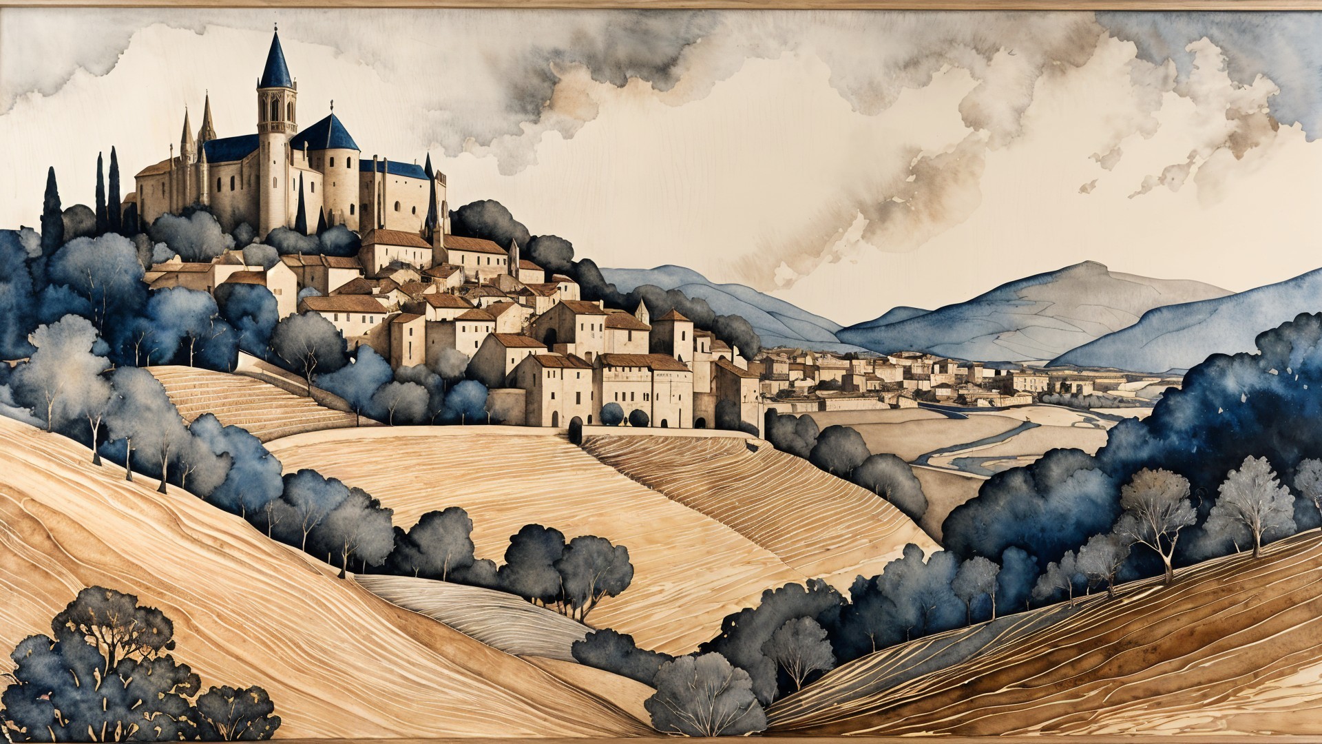 Serene Landscape of Village with Church and Hills