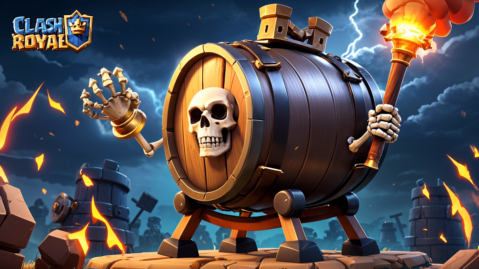 Animated barrel character with skull face and torch