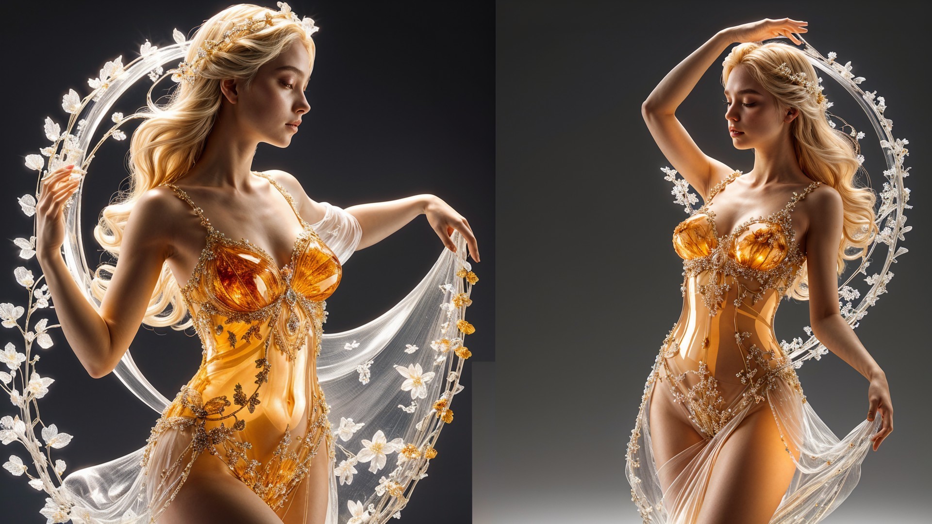 Elegant Model in Orange and Gold Floral Bodysuit