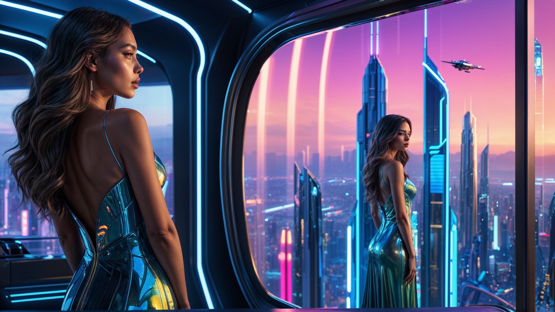 Futuristic Cityscape with Woman in Reflective Dress