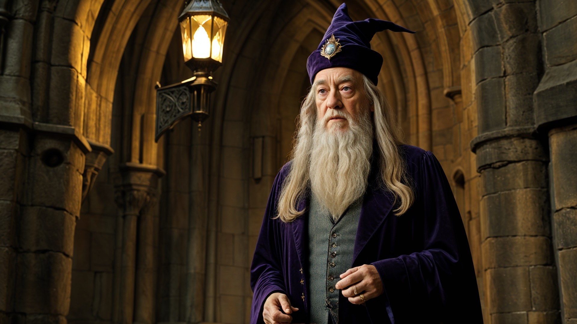 Elderly wizard in grand stone corridor with lantern