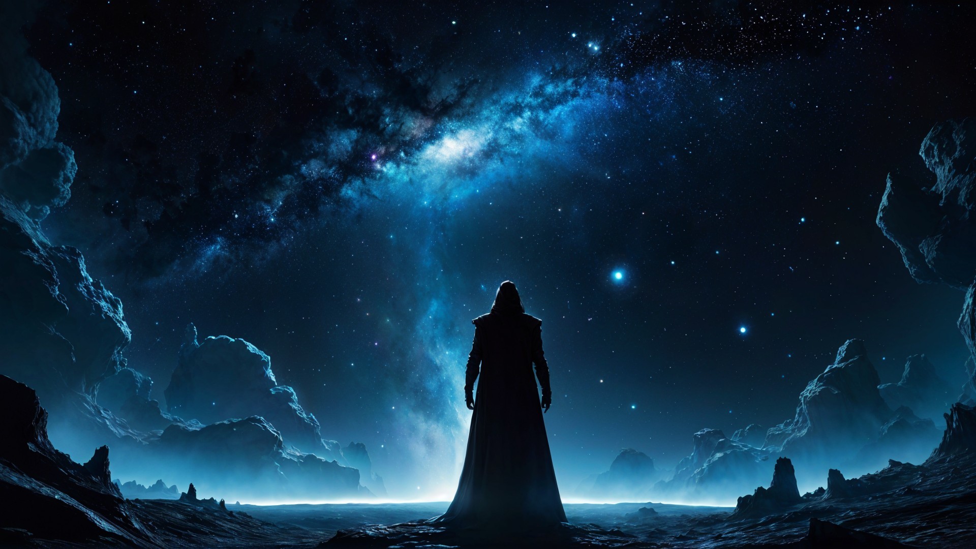 Solitary Figure Against Celestial Backdrop and Stars