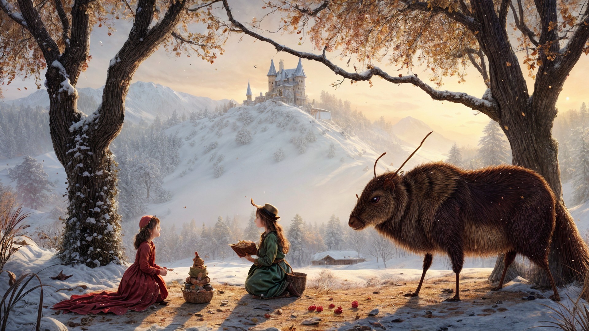 Snowy Landscape with Girls, Deer Creature, and Castle