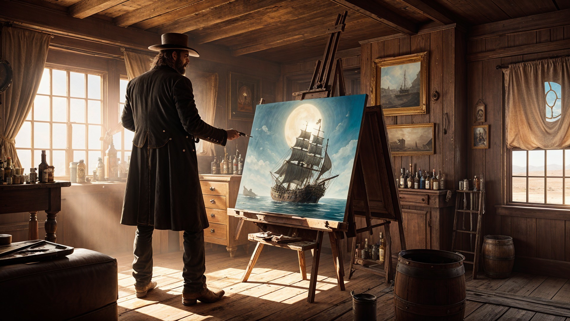 Artist Painting Ship in Vintage Decorated Studio