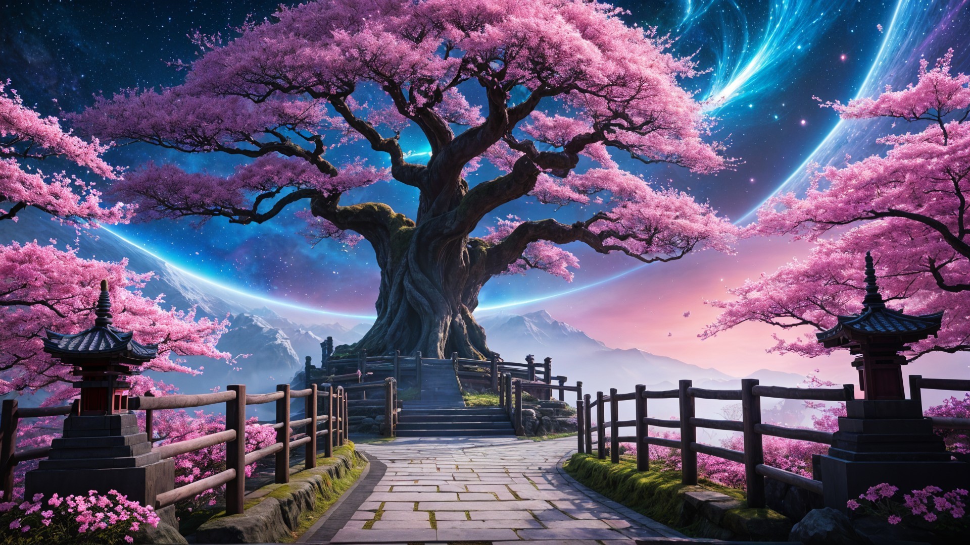 Ancient tree with pink blossoms in cosmic setting