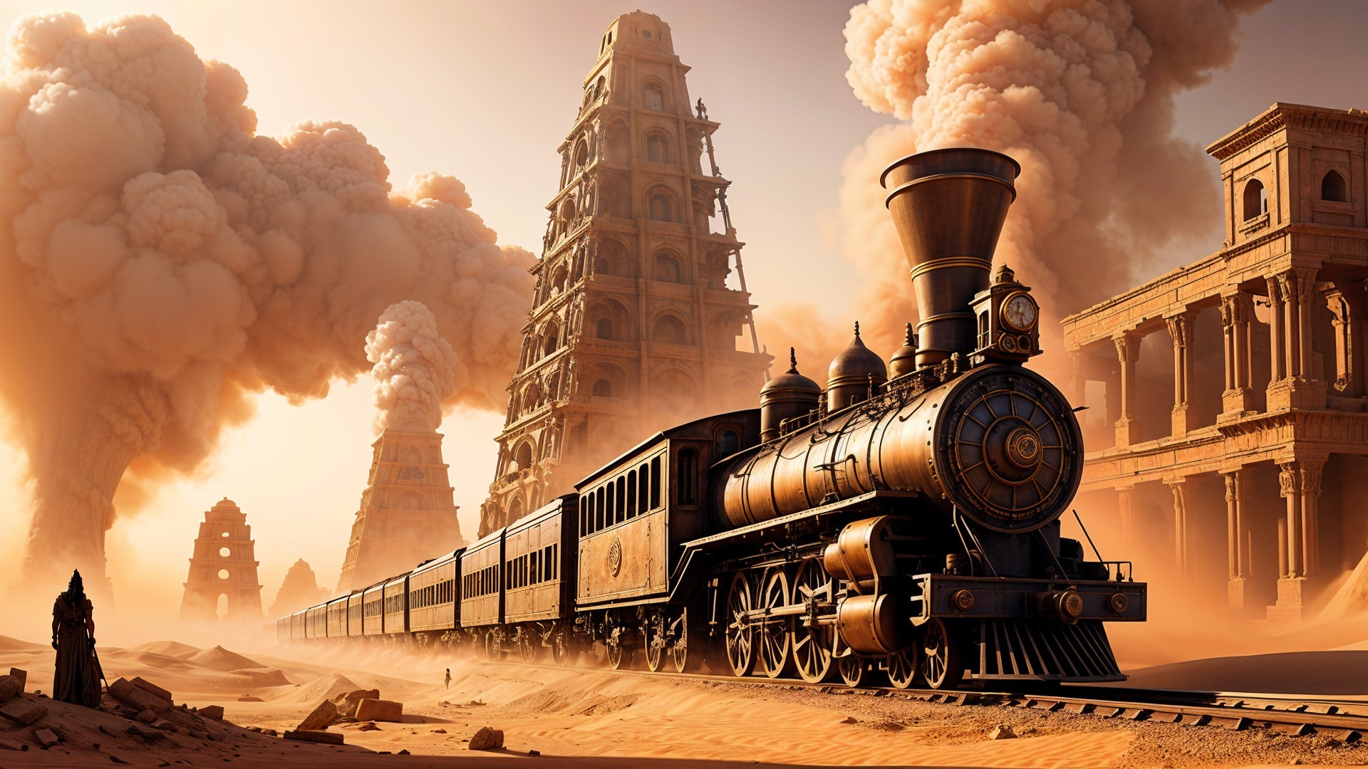 Steam Locomotive in Desert Landscape with Ruins