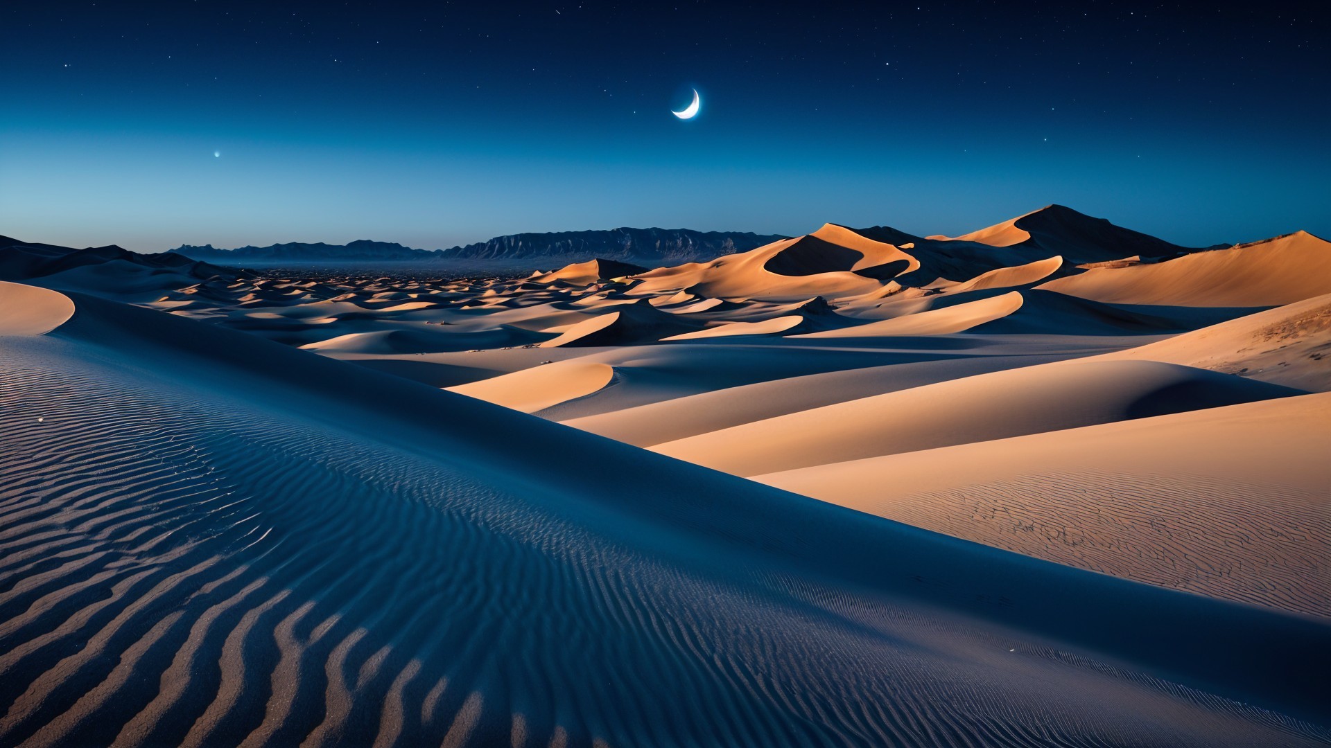 Desert Landscape at Twilight with Crescent Moon and Stars