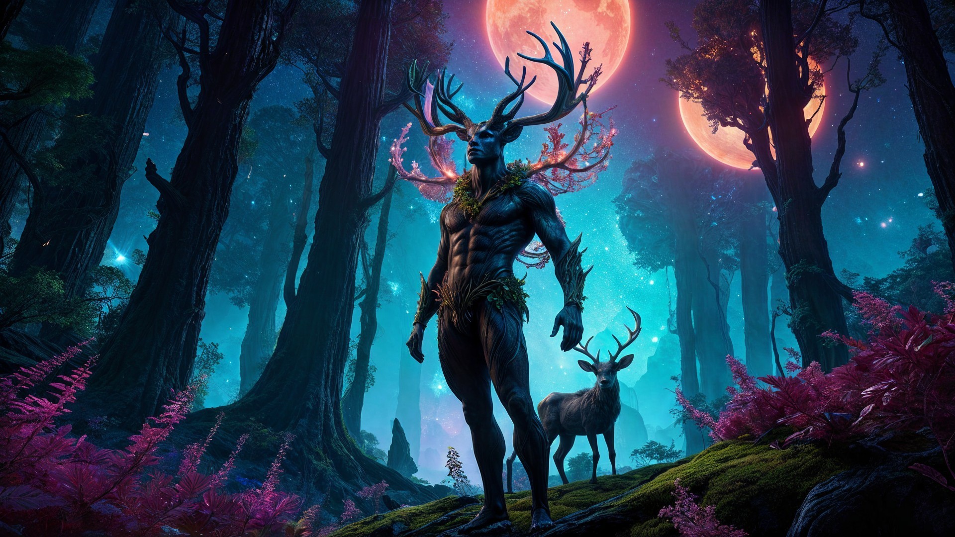 Muscular Humanoid with Antlers in Mystical Forest