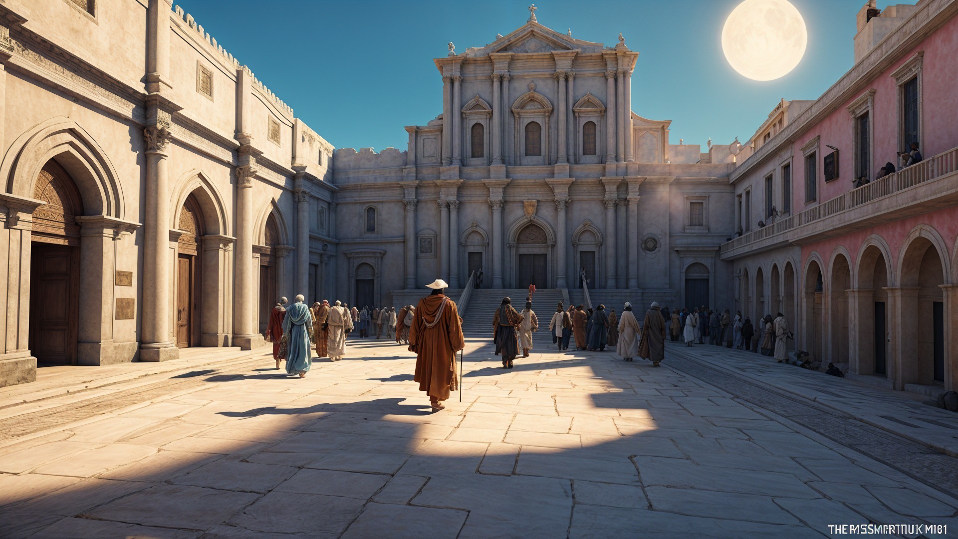 Historic plaza with ornate architecture and moonlight