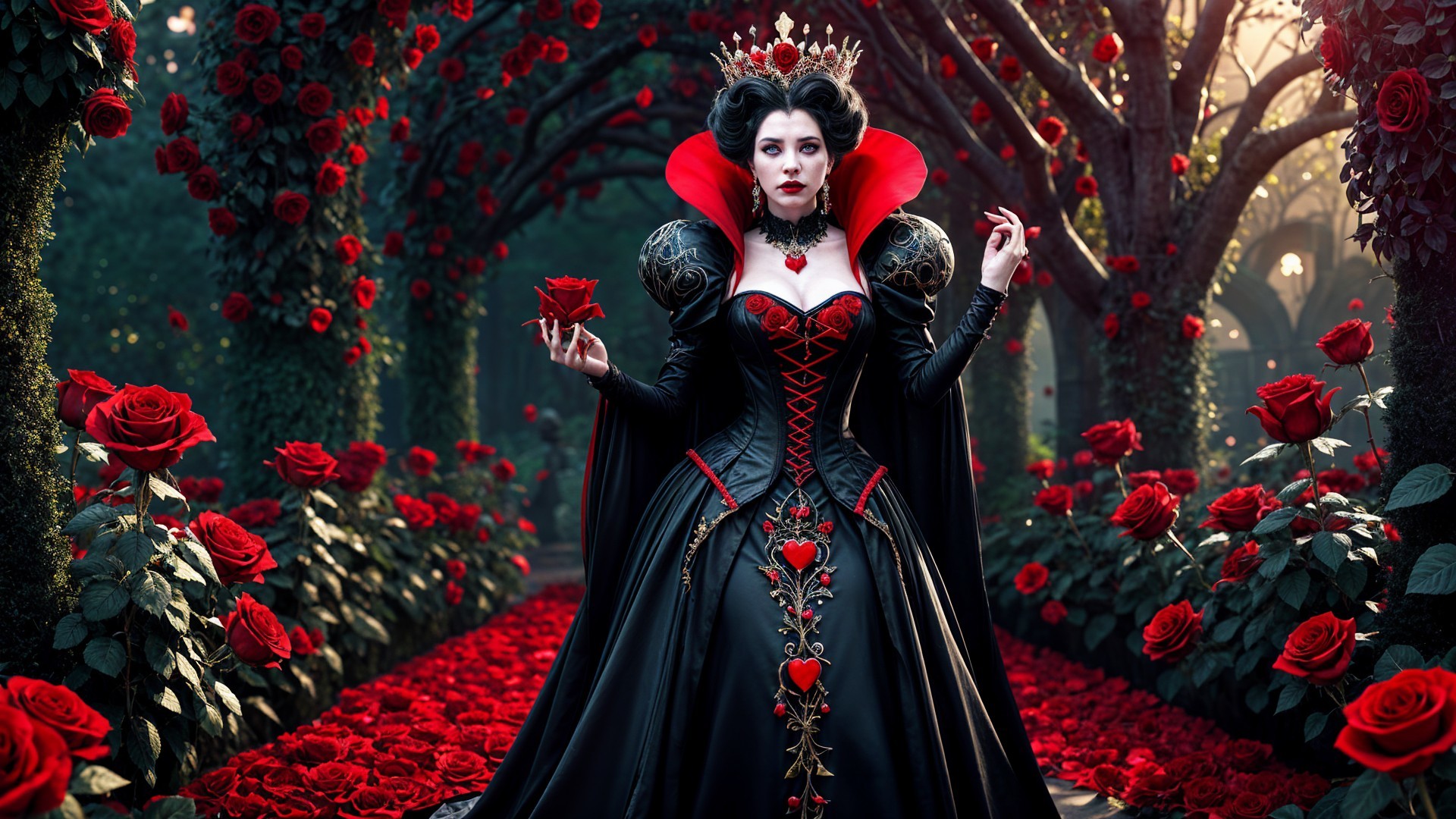 Regal Figure in Elegant Gown Among Lush Garden