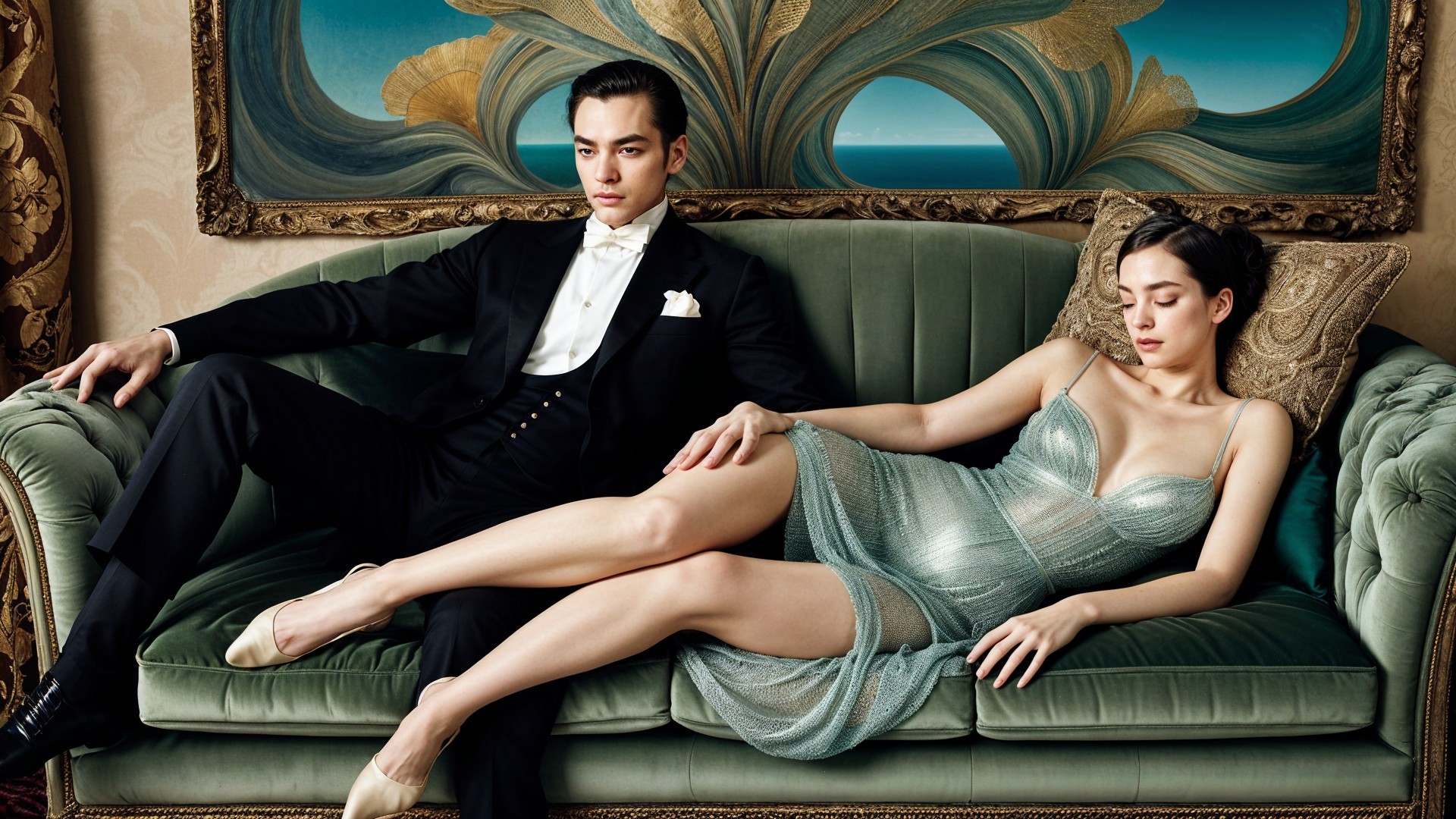 Elegant Couple on Plush Green Sofa with Abstract Art