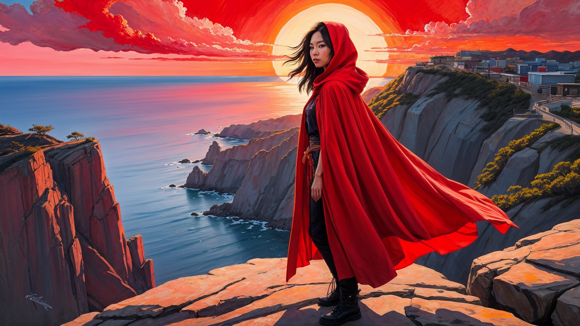 Cliffside Figure in Red Cloak Against Sunset Sky