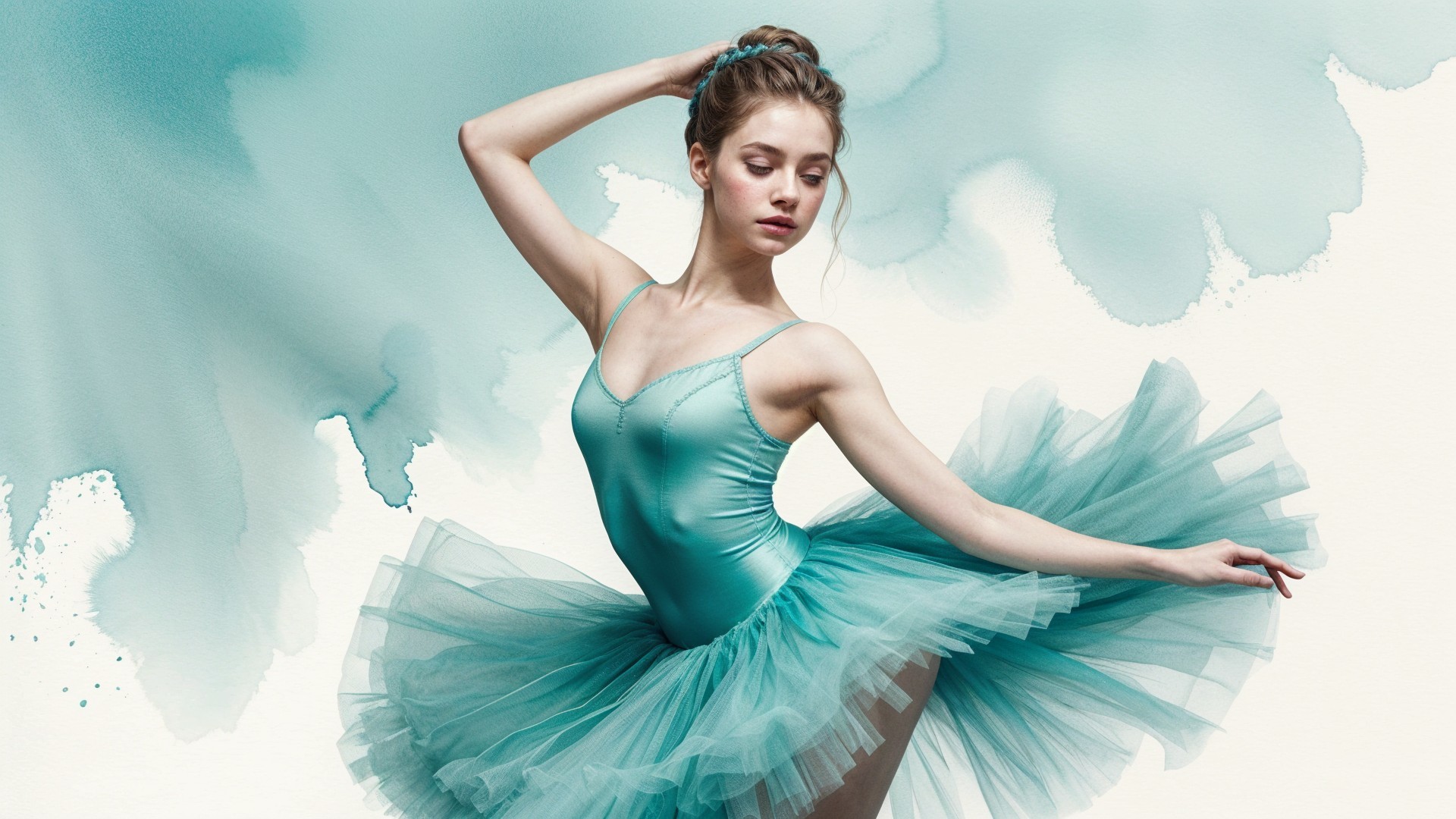 Ballerina in Turquoise Tutu Against Watercolor Background