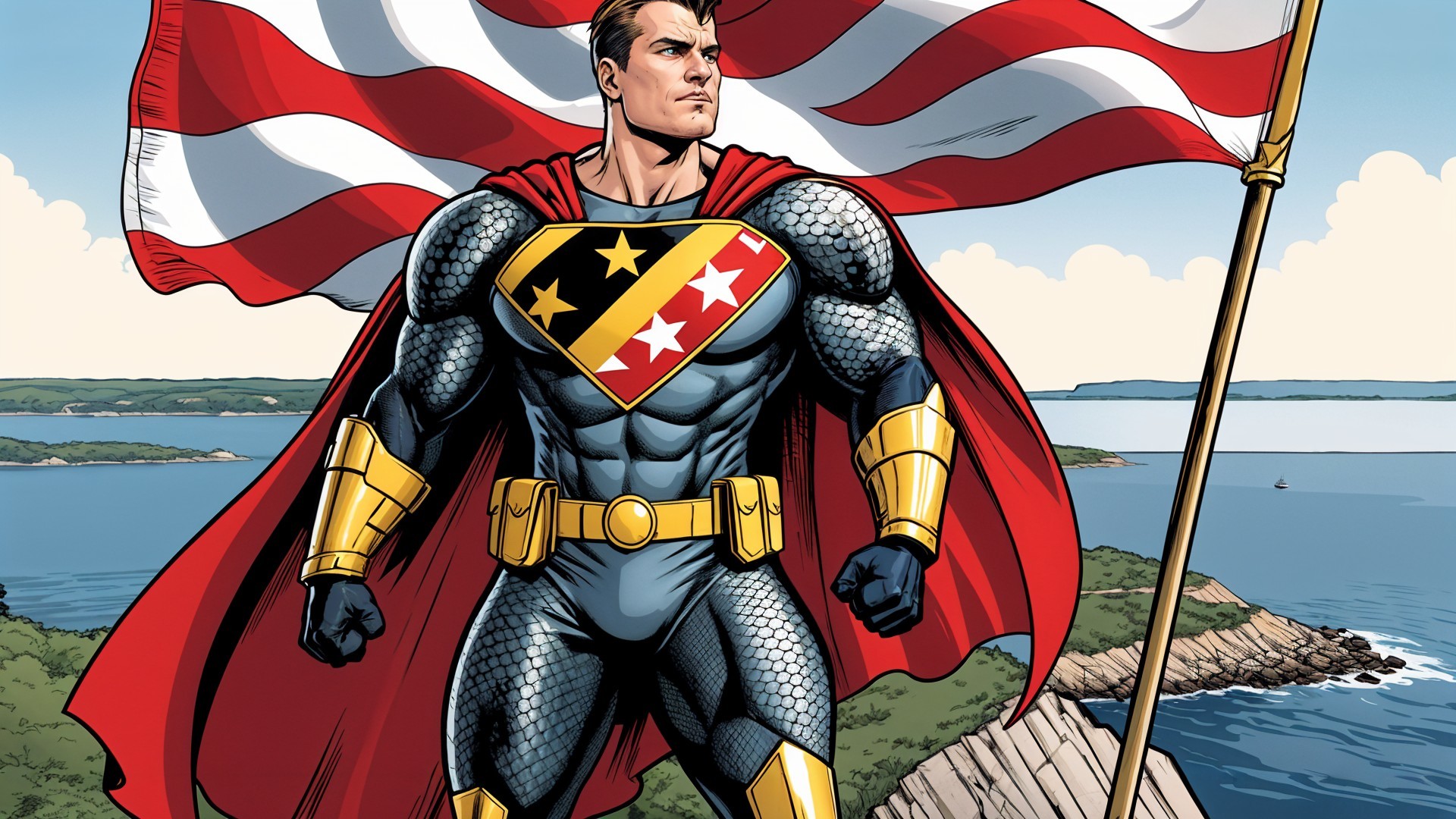 Superhero with Flag on Rocky Outcrop by Coastline