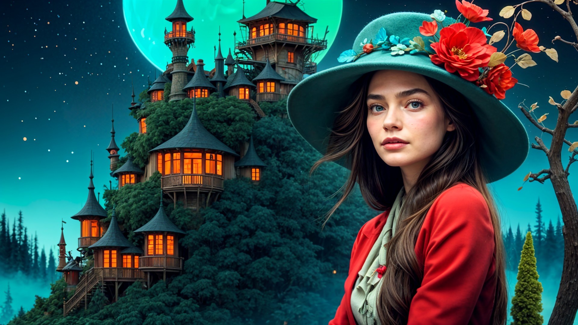 Young Woman in Stylish Hat Against Mountain Landscape
