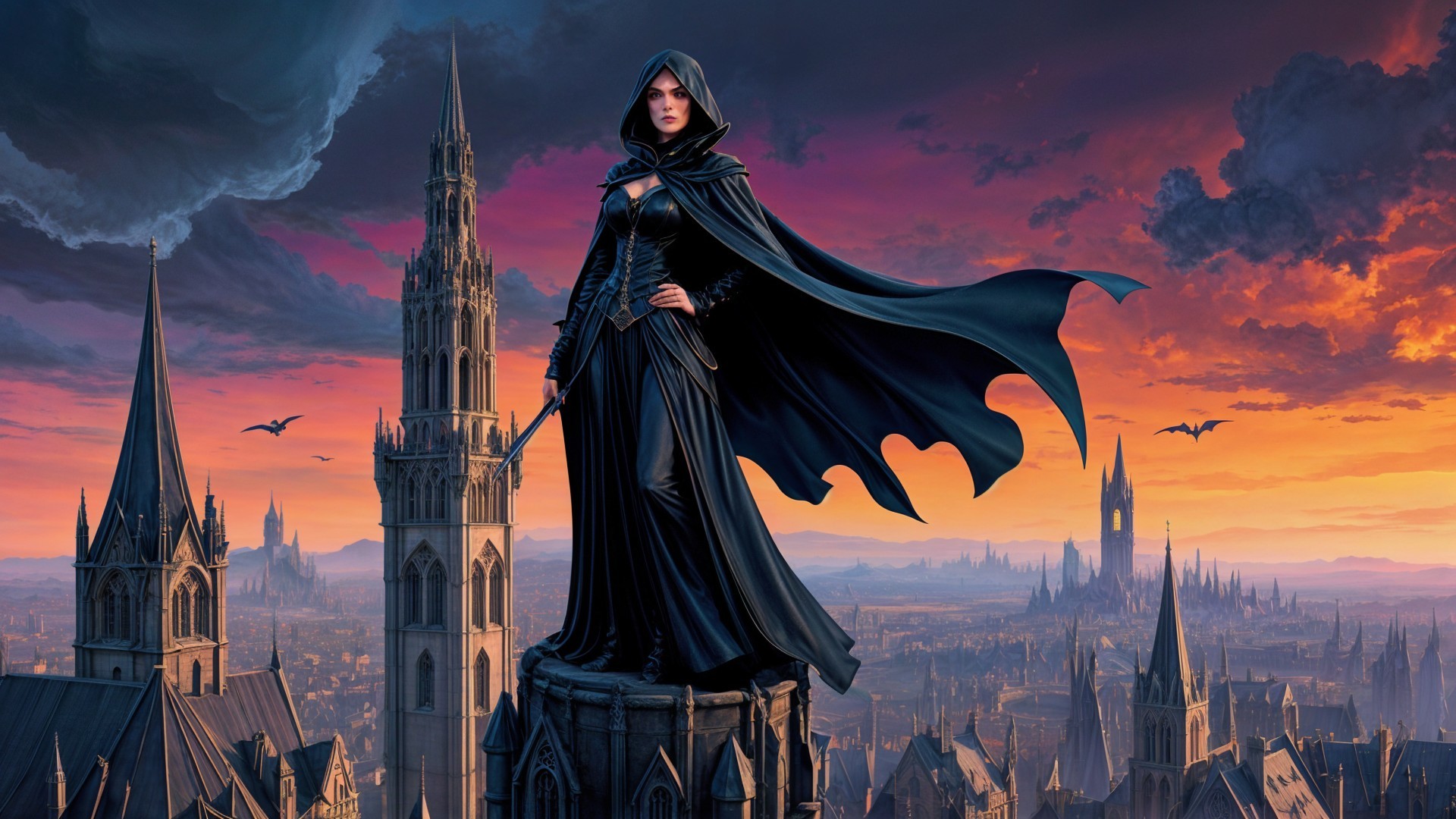Cloaked Figure Overlooks Gothic City at Sunset