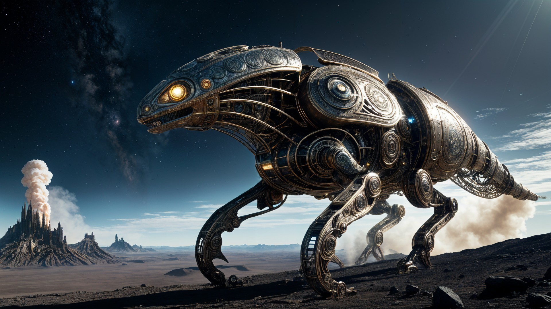 Futuristic robotic creature in a barren landscape