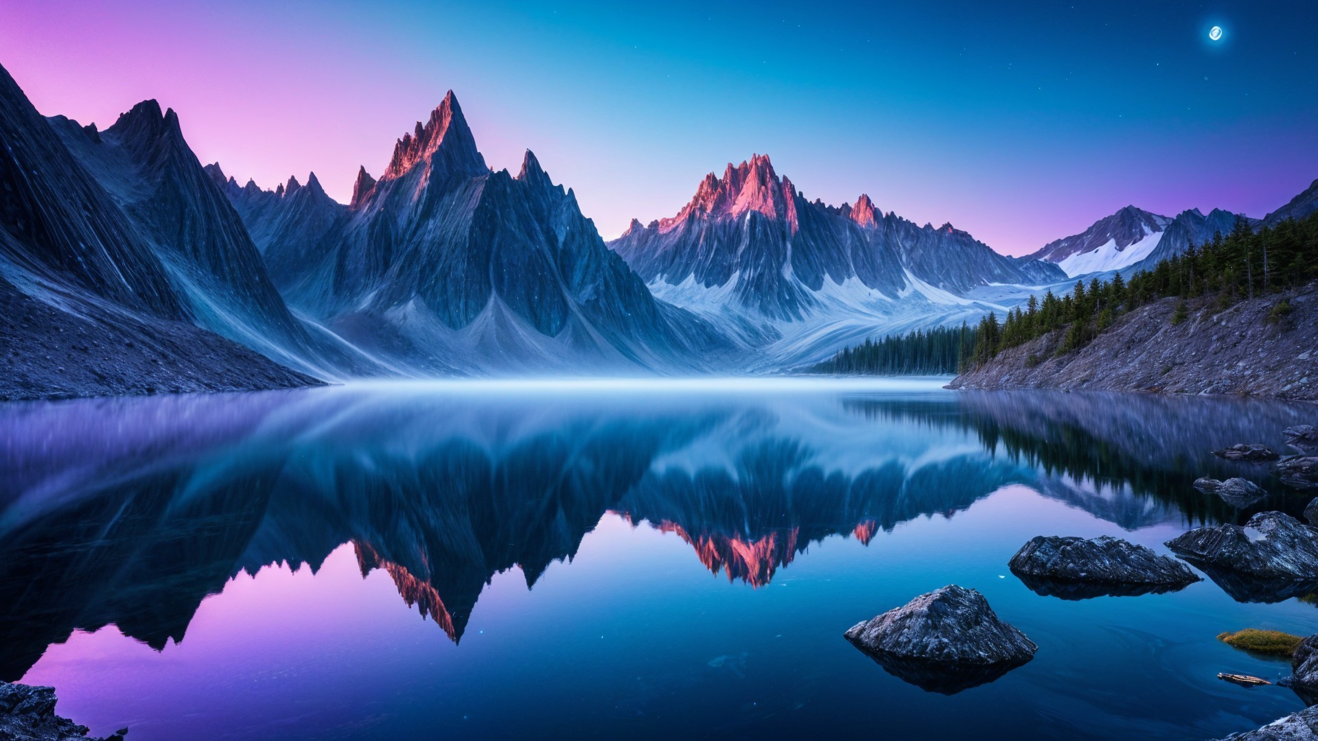 Twilight Mountain Landscape with Reflective Lake
