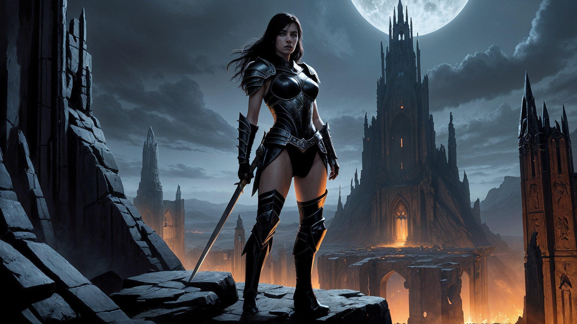Warrior in Dark Armor on Rocky Outcrop at Night