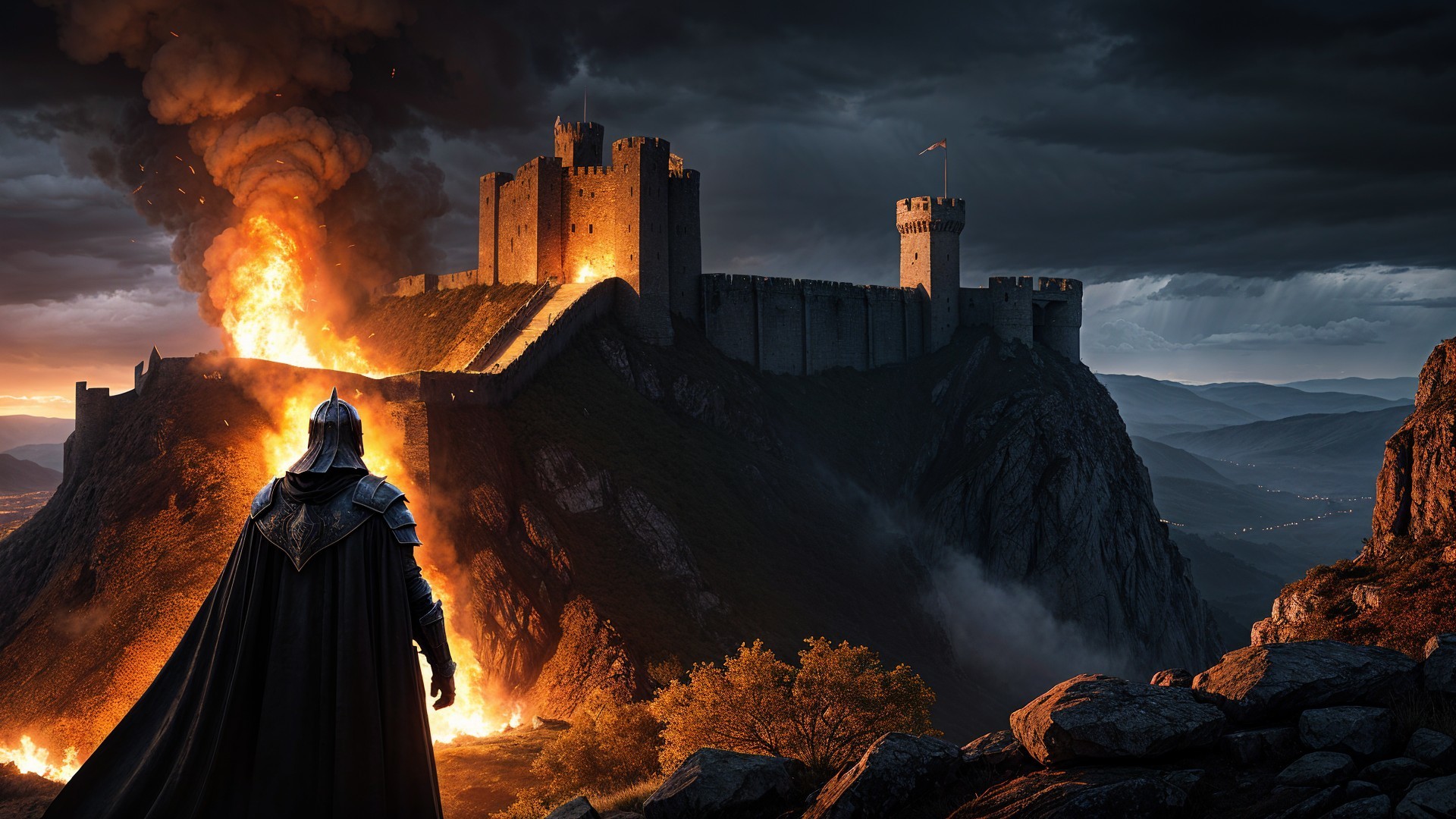 Knight in Dark Armor Overlooks Fiery Castle Scene