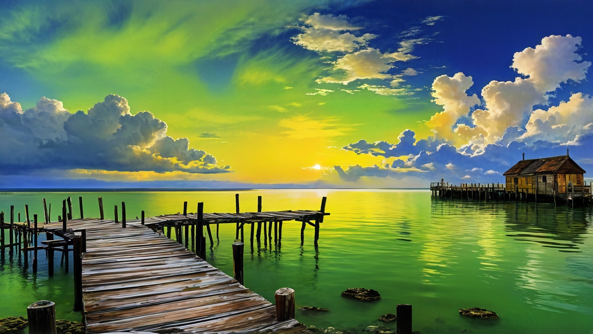 Waterfront Scene with Pier and Rustic Cabin at Sunset