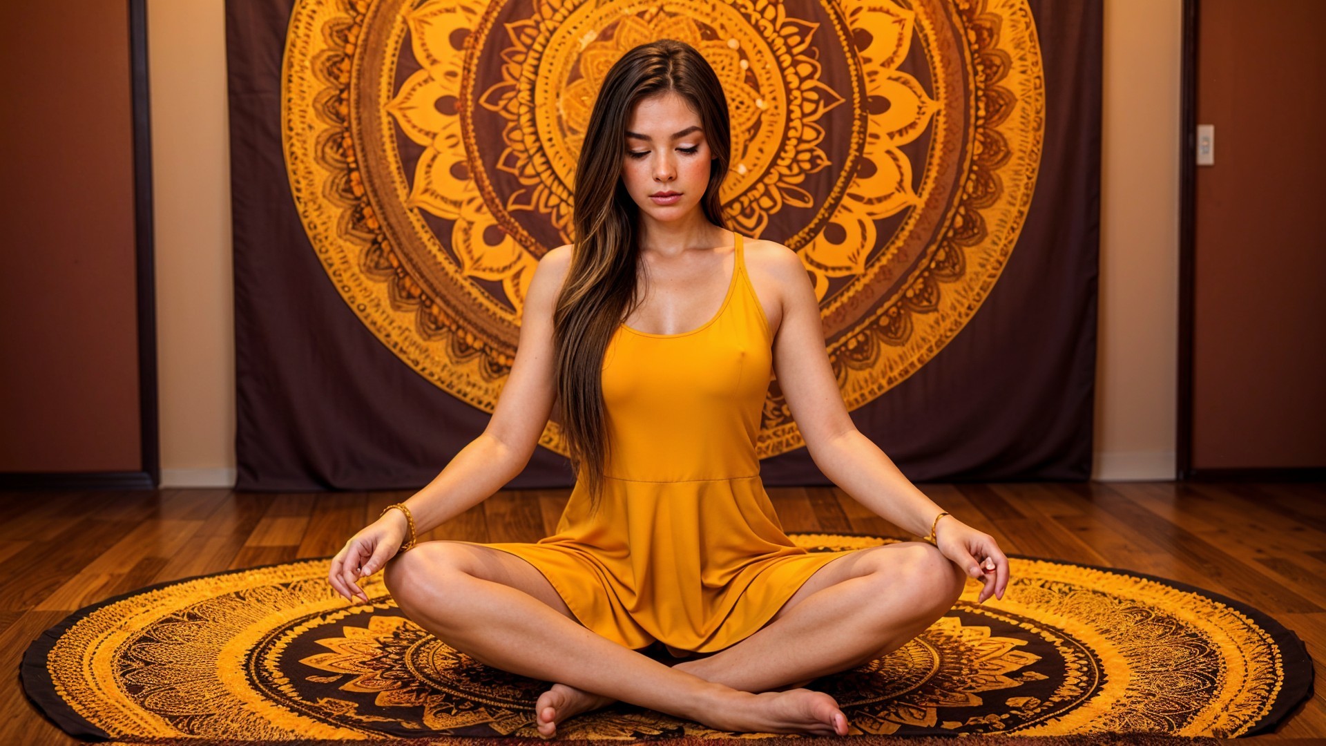 Woman in yellow dress meditating on patterned rug