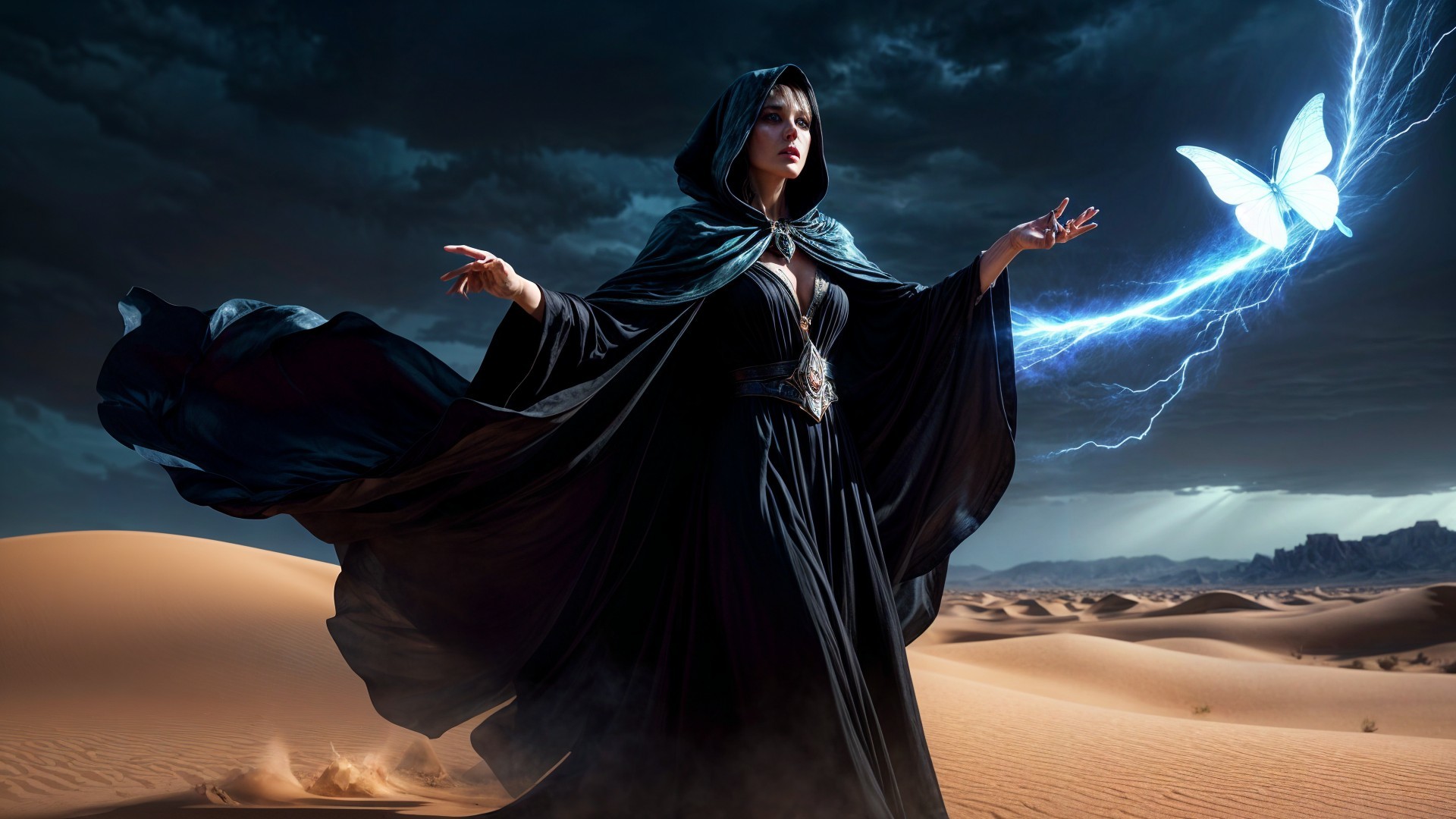 Cloaked Figure in Desert Conjures Blue Butterfly