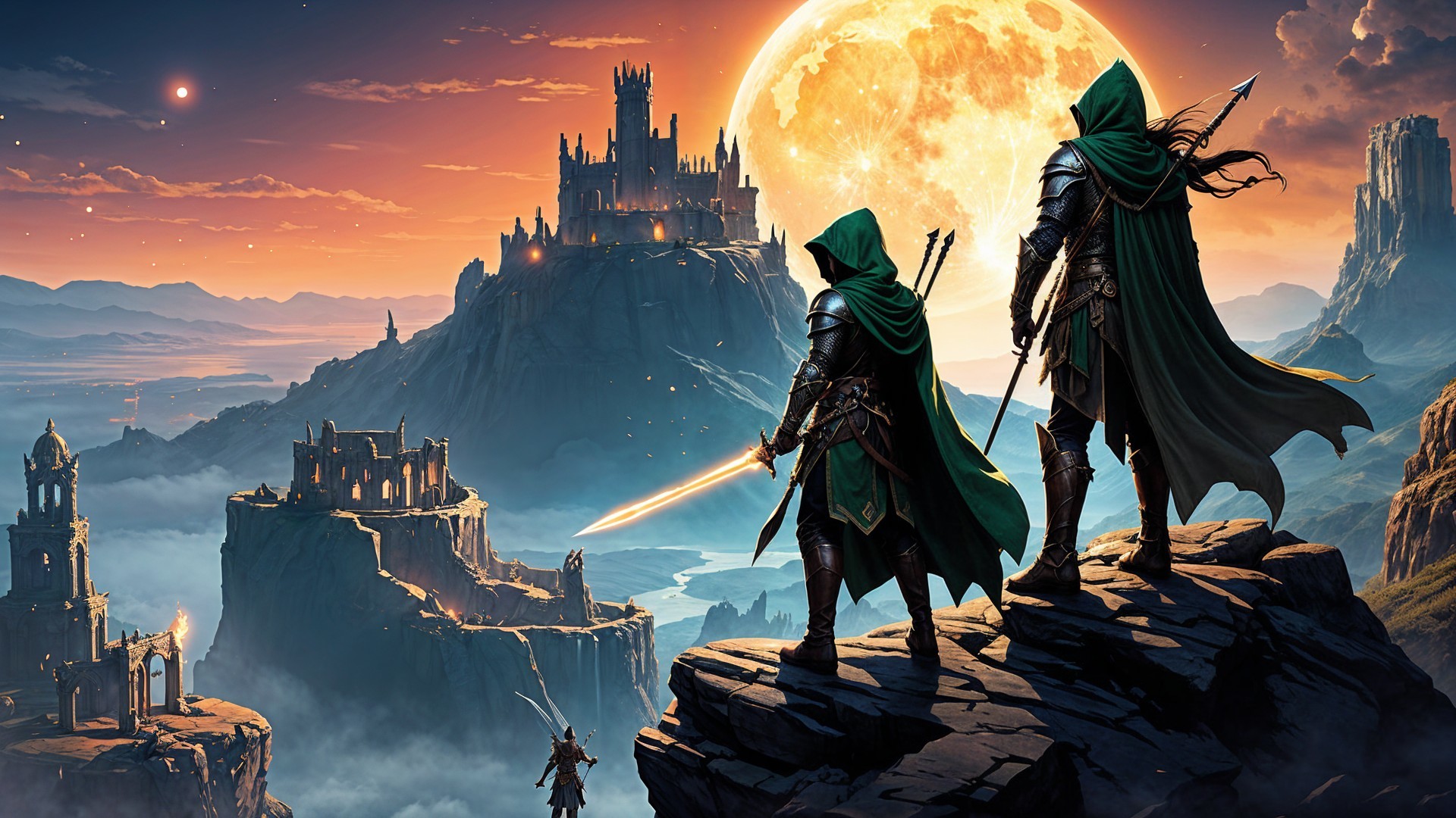 Hooded Figures on Ledge Overlooking Mystical Landscape