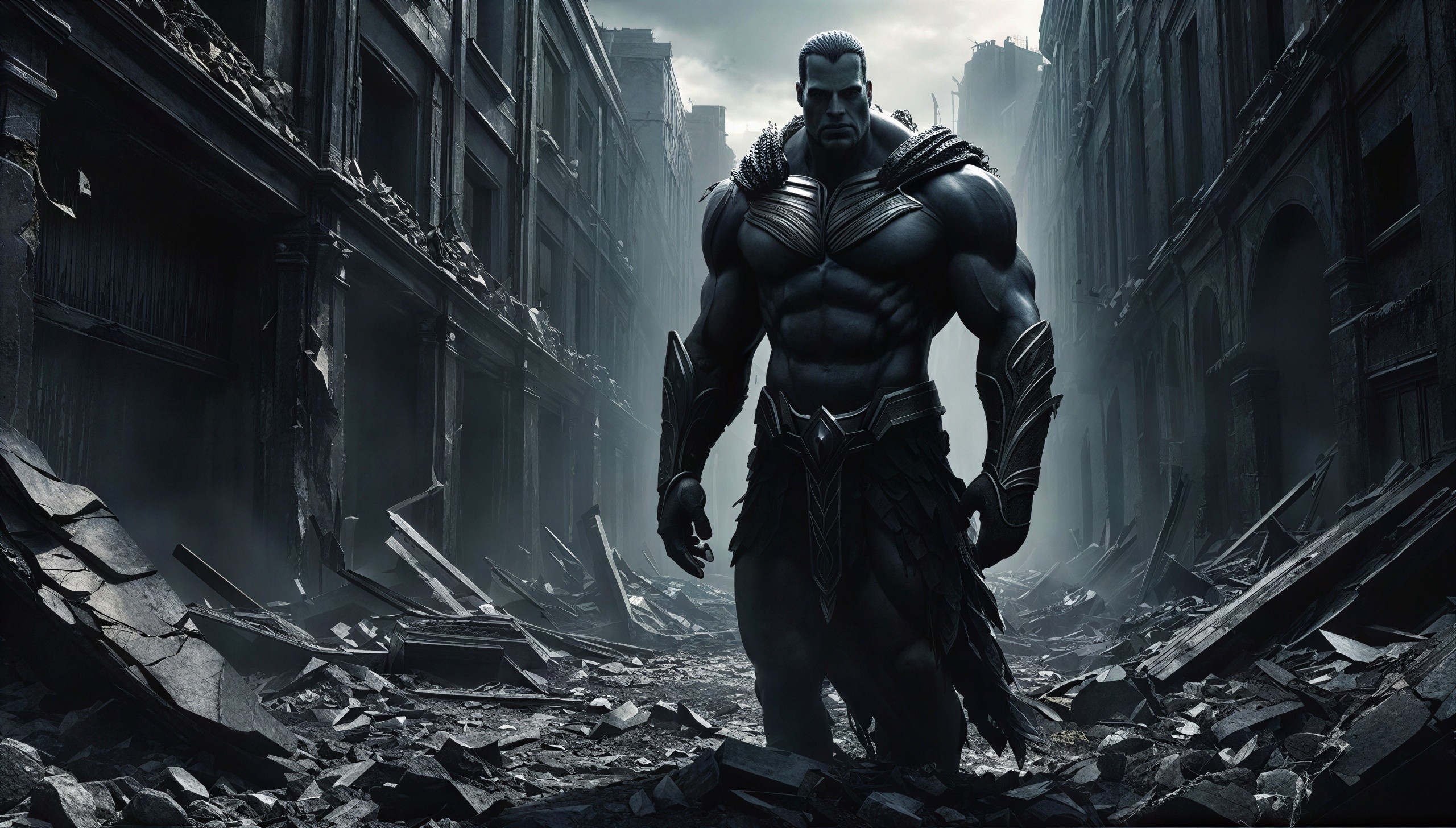 Muscular Male Character in Devastated Cityscape