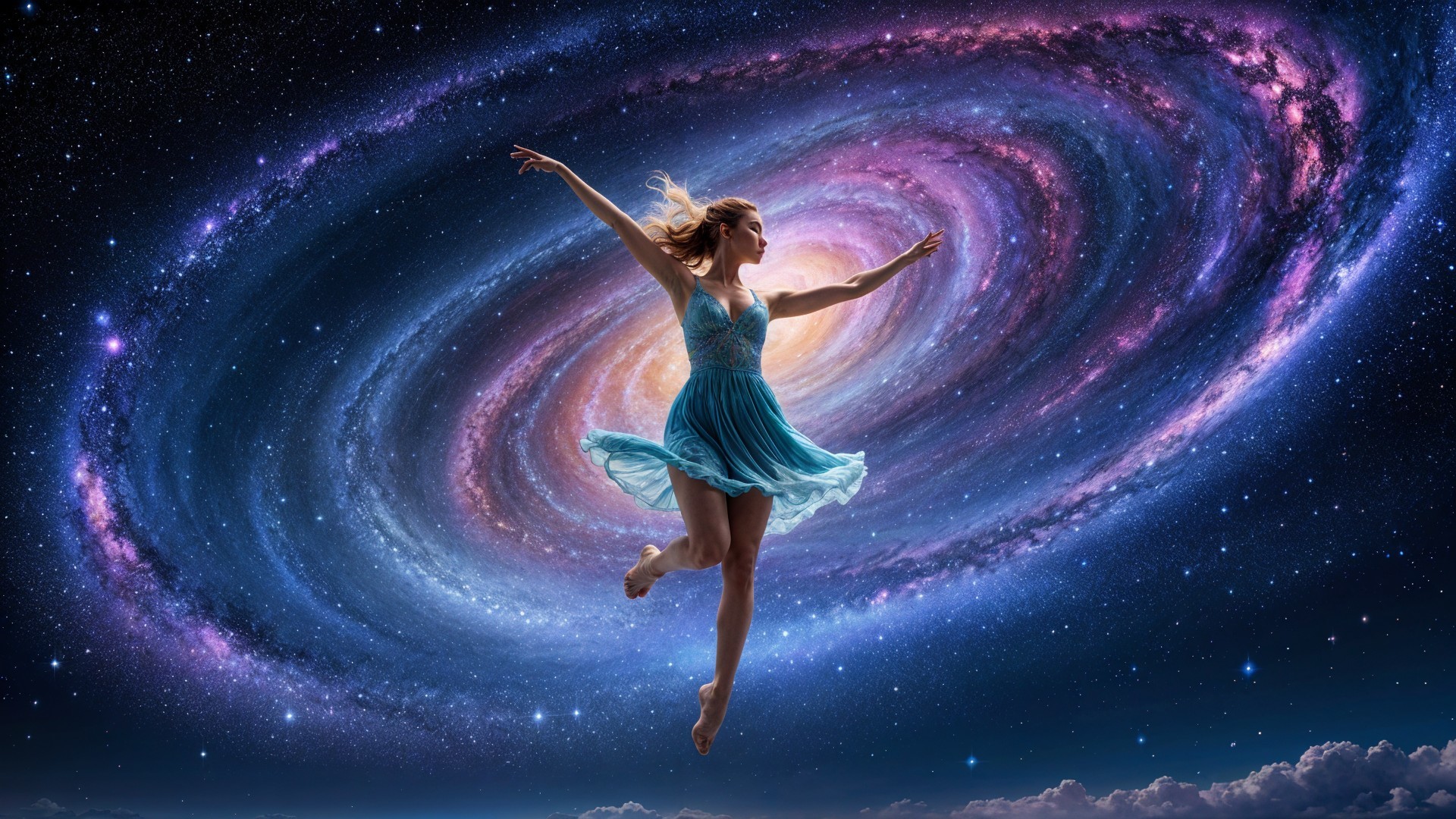 Dancer in Flowing Dress Against Cosmic Galaxy Backdrop