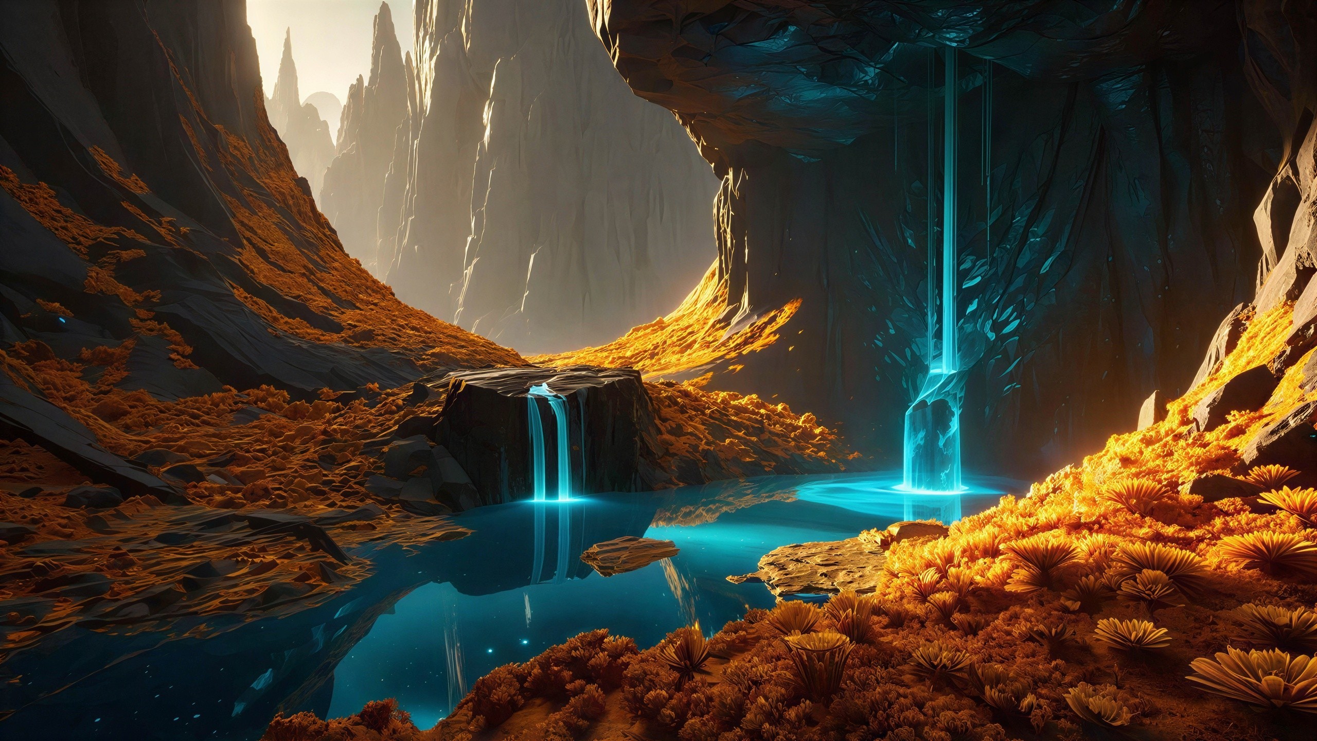 Vibrant Fantasy Cave with Waterfalls and Teal River