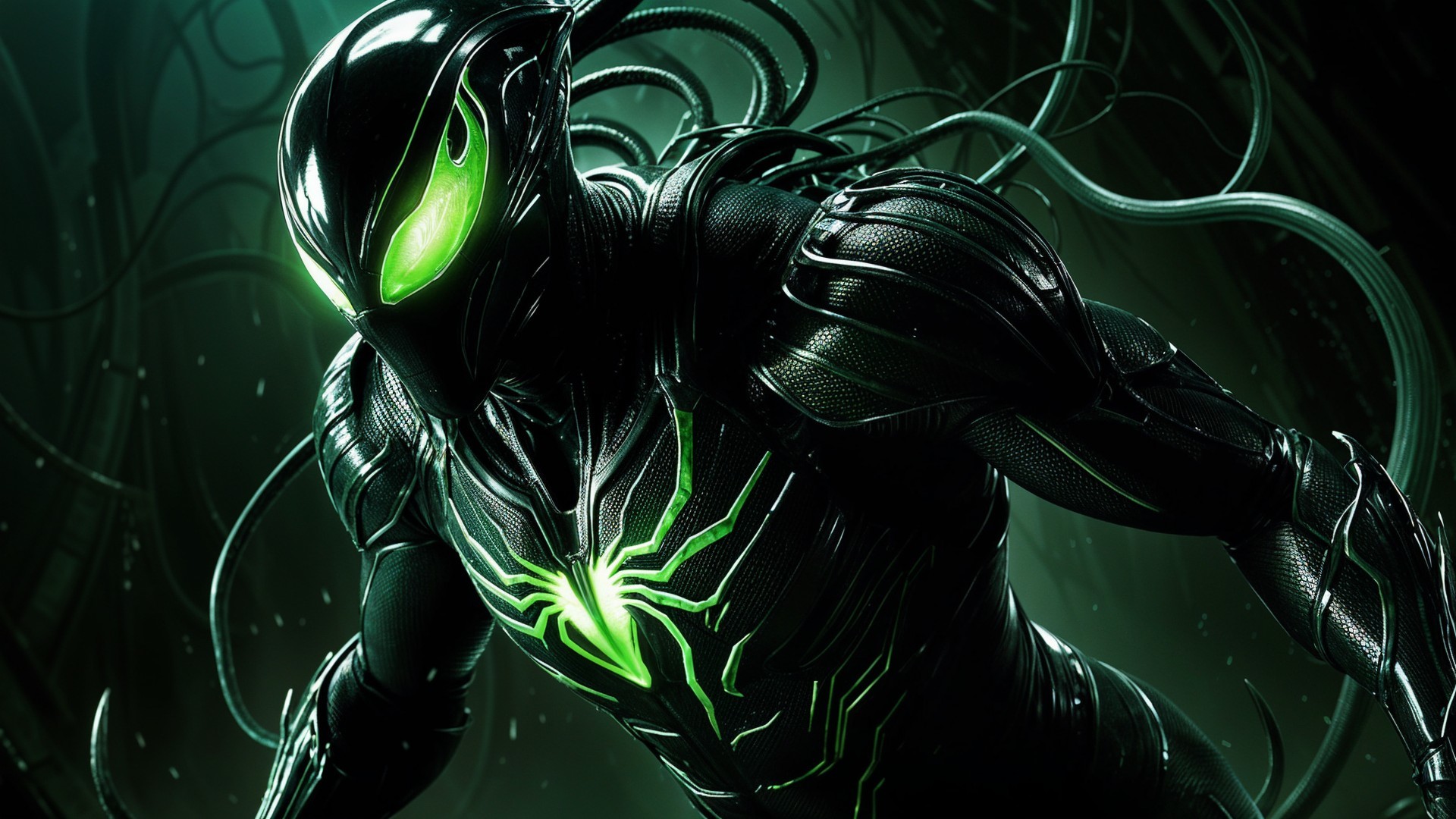 Futuristic superhero in a black suit with green emblem