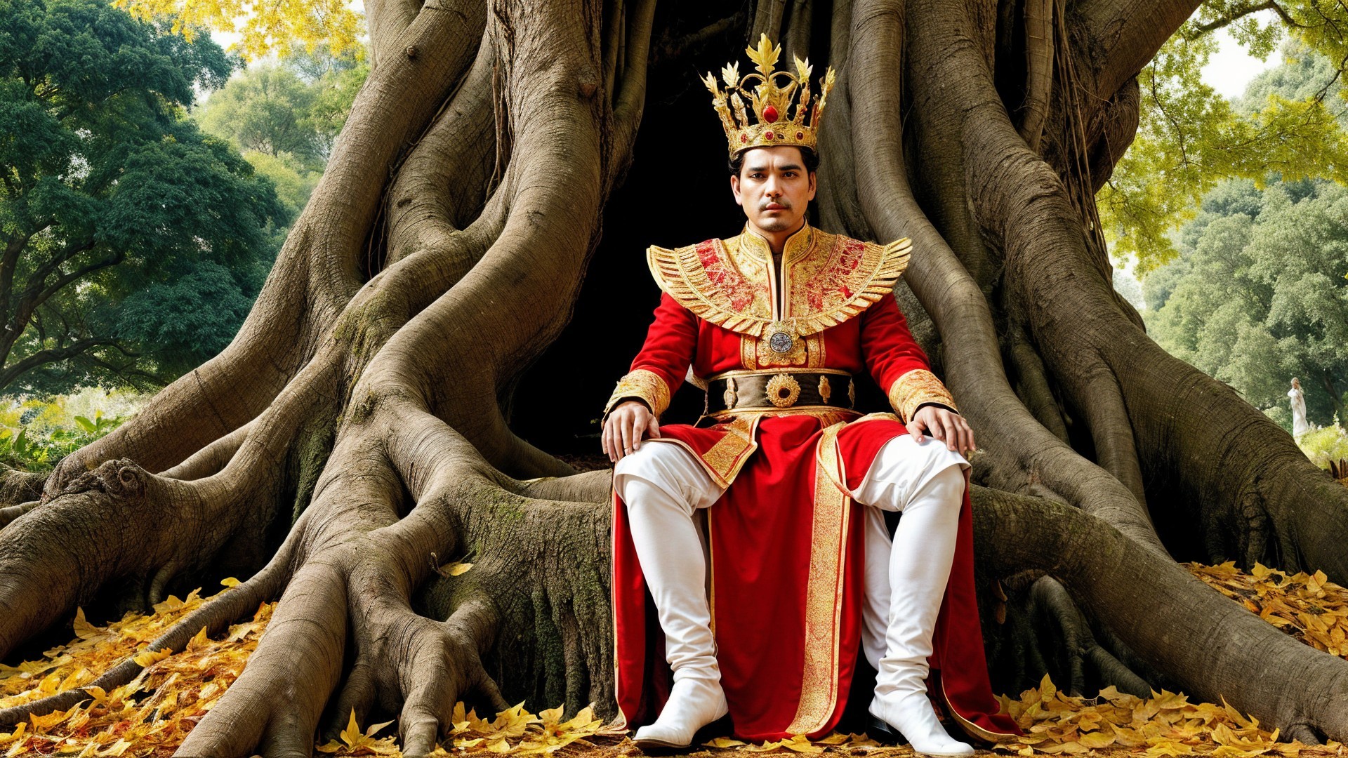 Regal Figure in Ornate Robe Under Autumn Tree