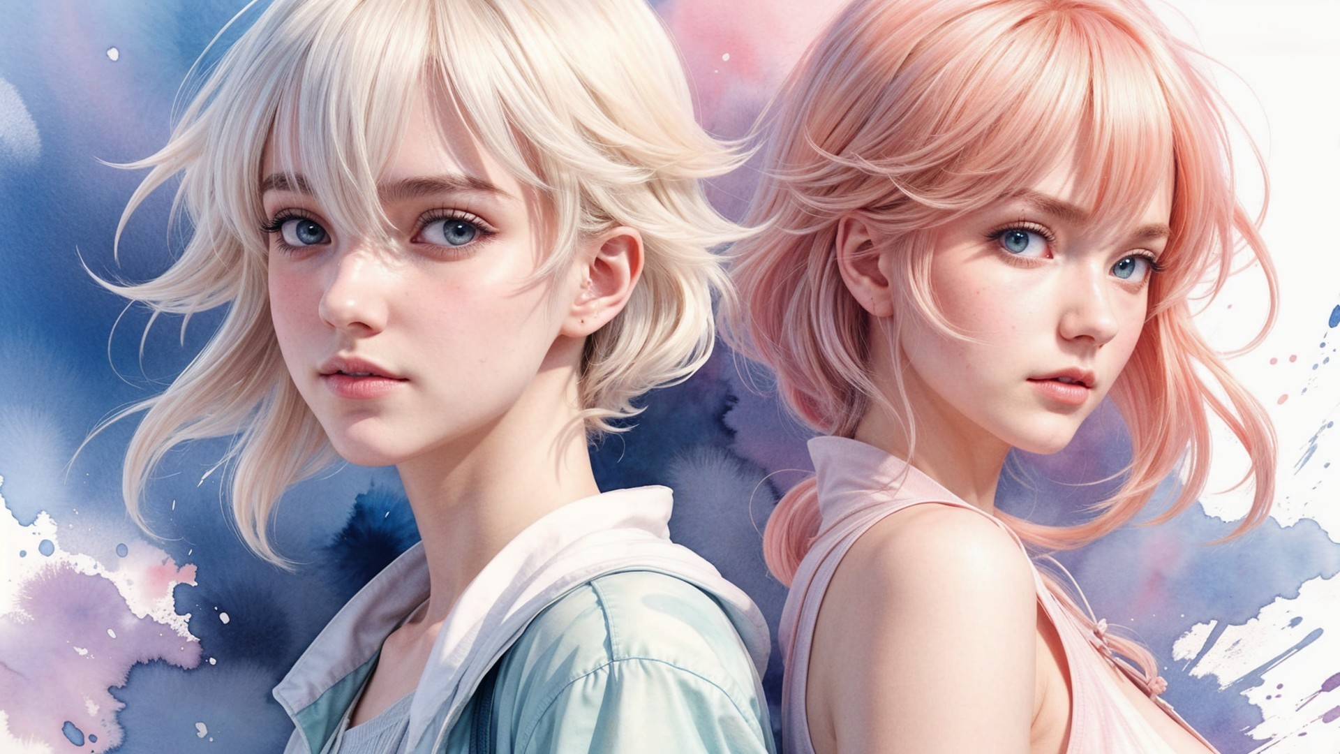 Ethereal Characters with Detailed Features and Watercolor Background