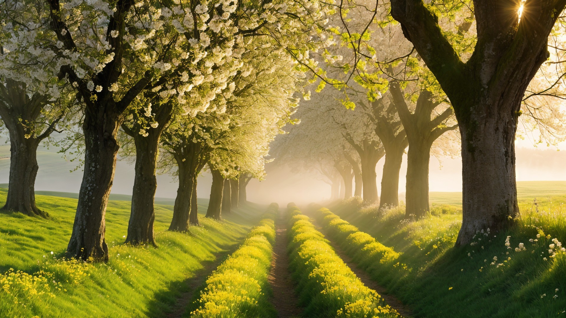 Peaceful Pathway with Blooming Trees and Flowers
