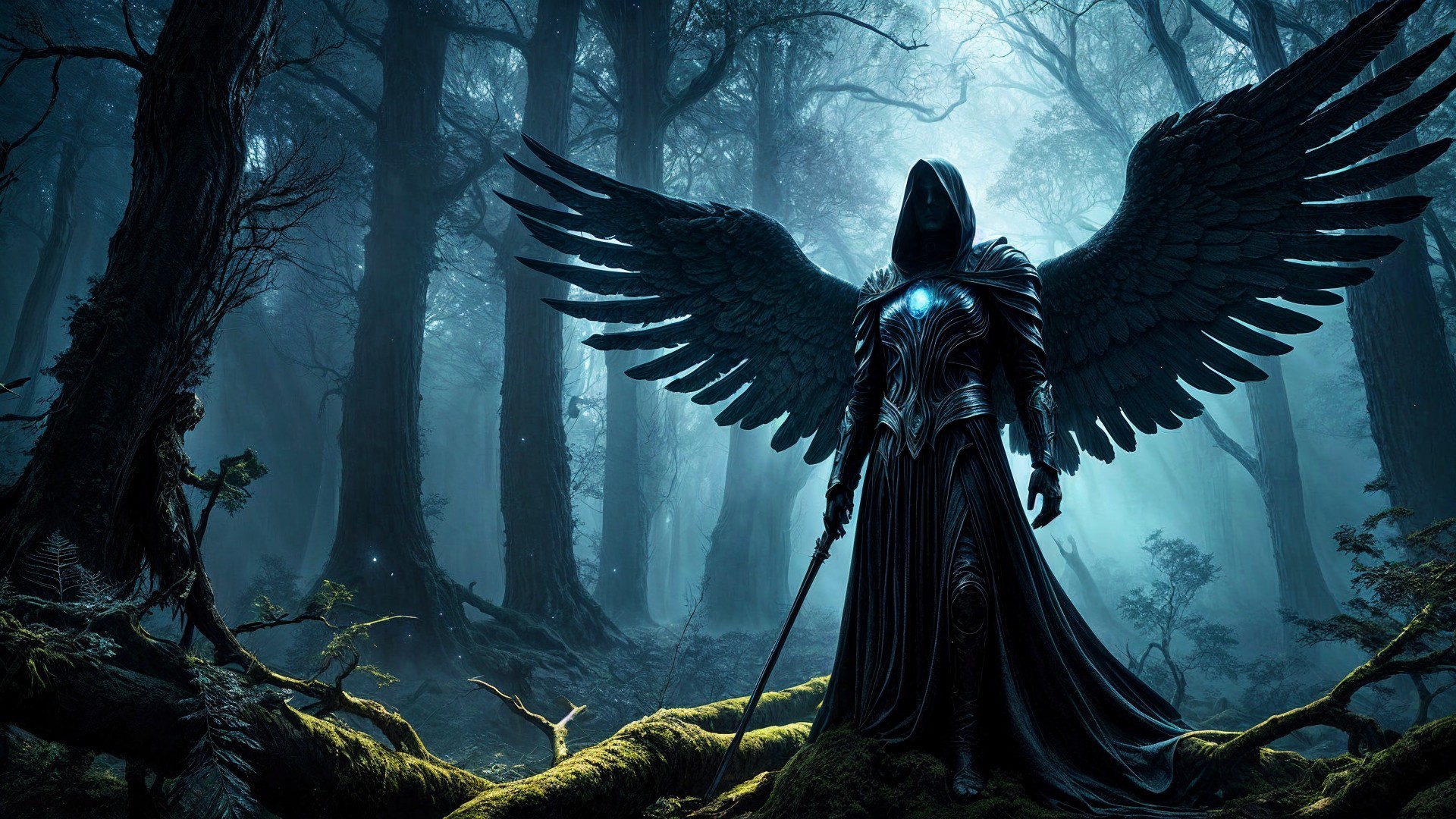 Dark Cloaked Figure with Wings in Mystical Forest
