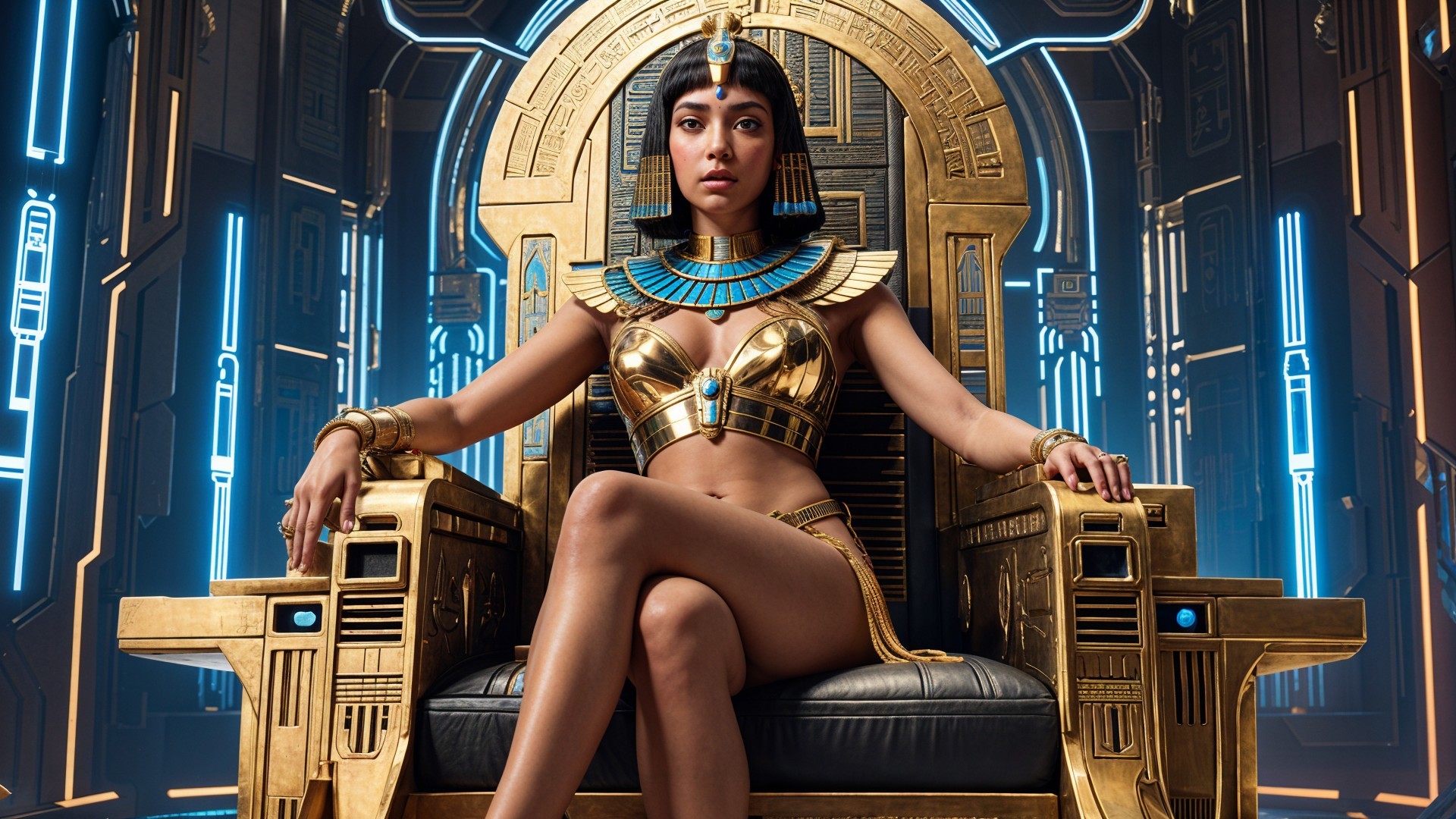 Regal Figure on Ornate Throne with Futuristic Lighting