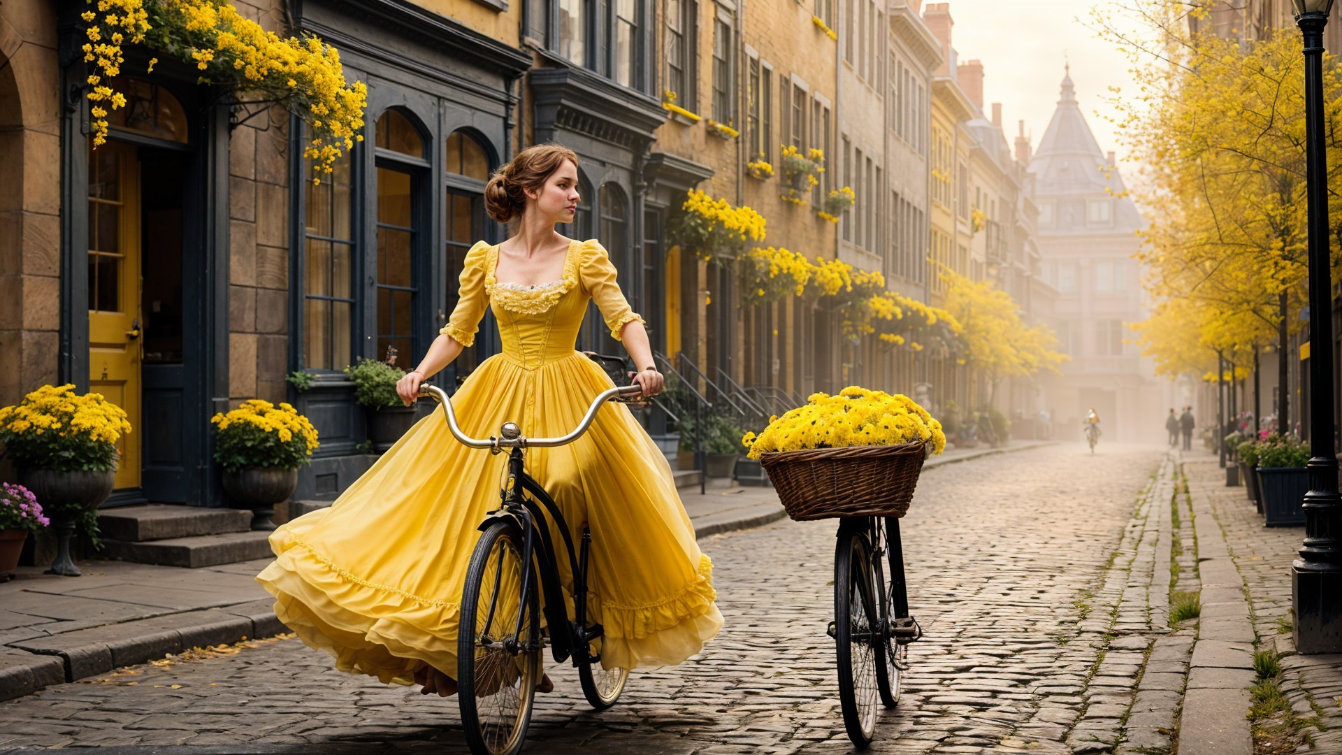Woman in Yellow Gown on Vintage Bicycle in Cobblestone Street