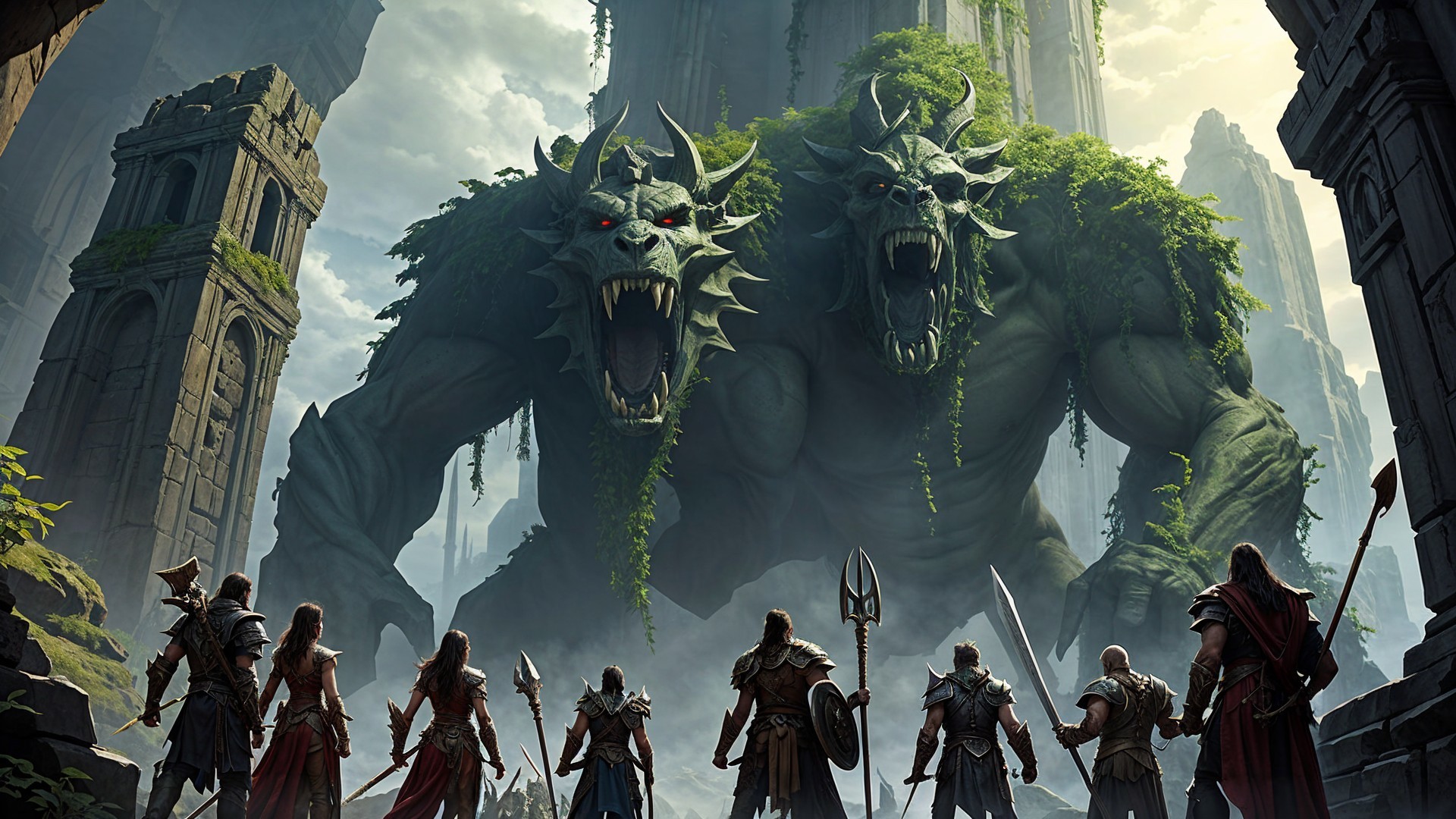 Two-Headed Creature in Fantasy Landscape with Warriors