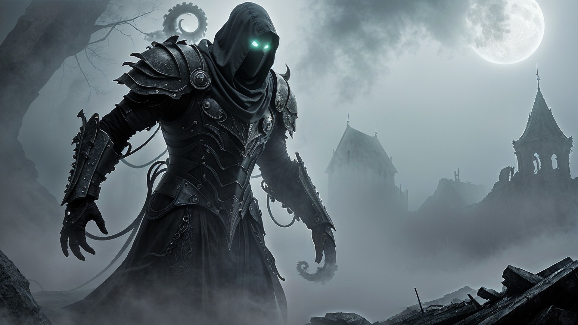 Cloaked Figure in Foggy Landscape with Green Eyes