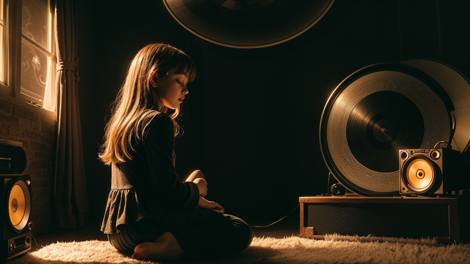 Young girl in serene room reflecting on music